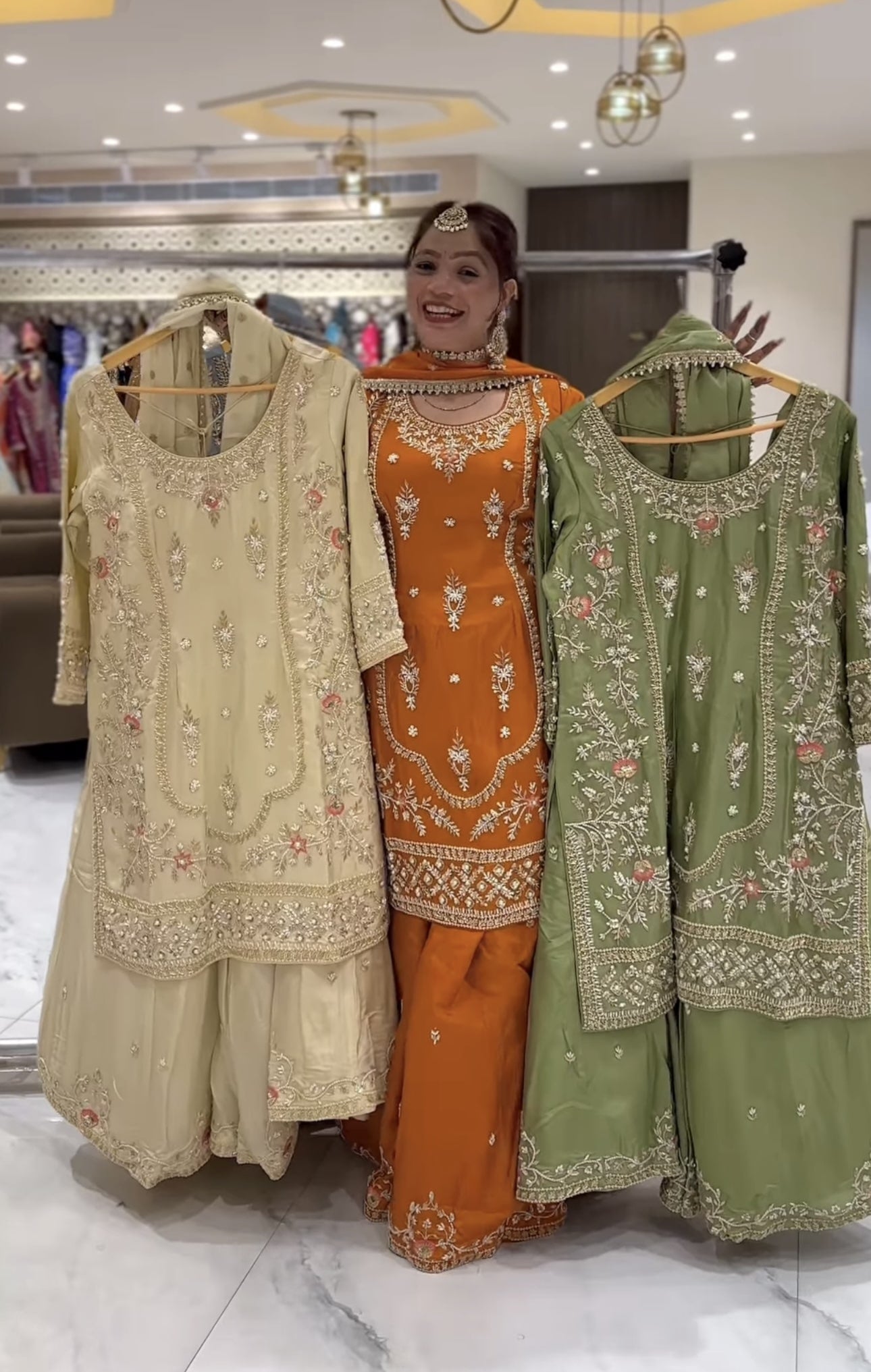 Premium  Sharara Set with Golden Embroidery Detailing, Long Kurta and Matching Dupatta – Ideal for Party, Mehndi & Festive Wear