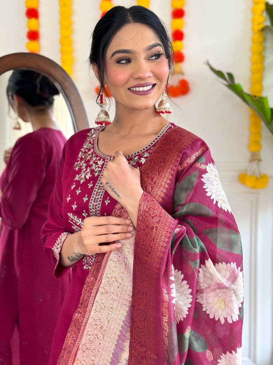 Vastrawear's Premium Viscose Chanderi 3-Piece Set – Kurti, Bottom & Designer Dupatta