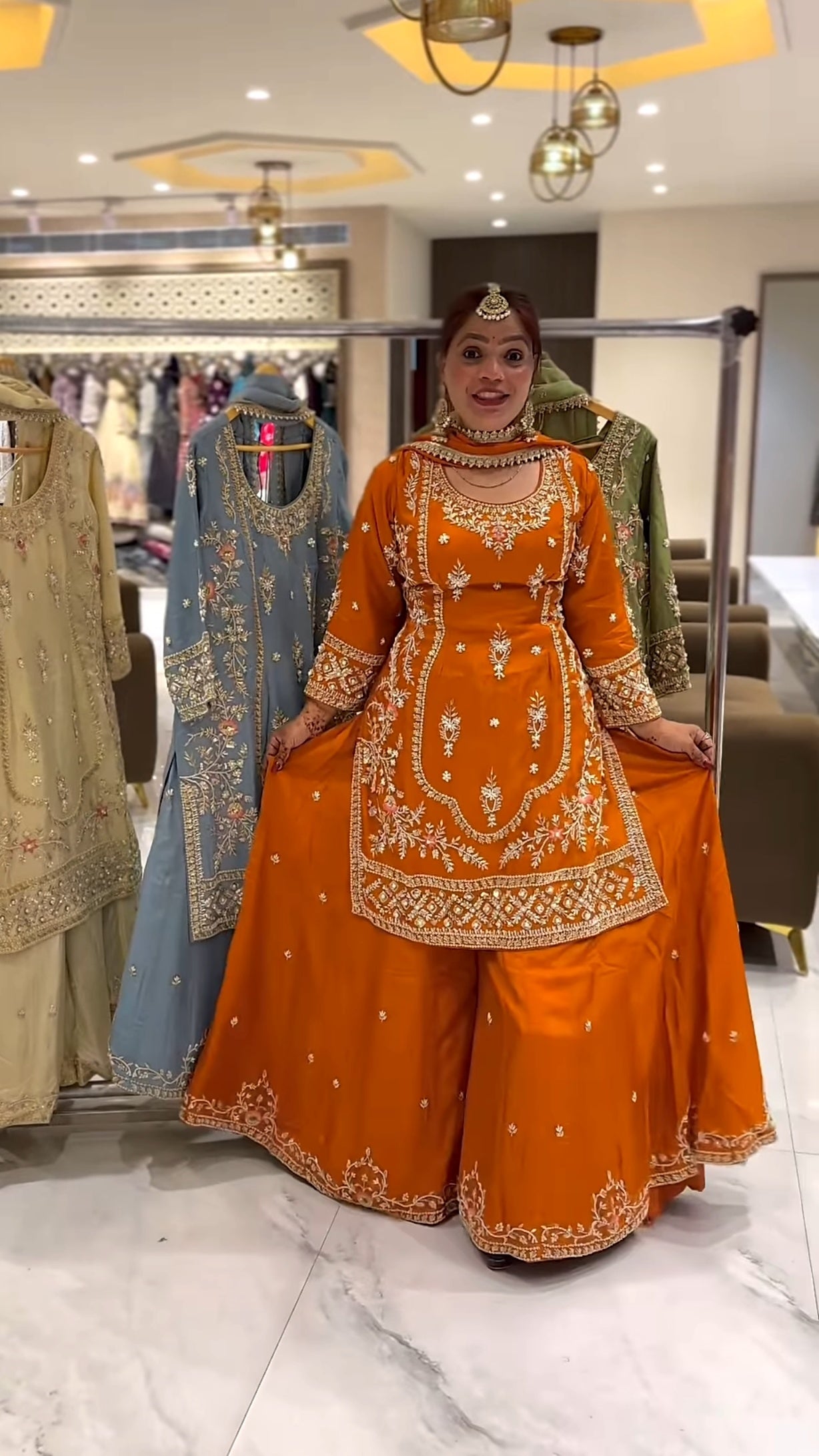 Premium  Sharara Set with Golden Embroidery Detailing, Long Kurta and Matching Dupatta – Ideal for Party, Mehndi & Festive Wear