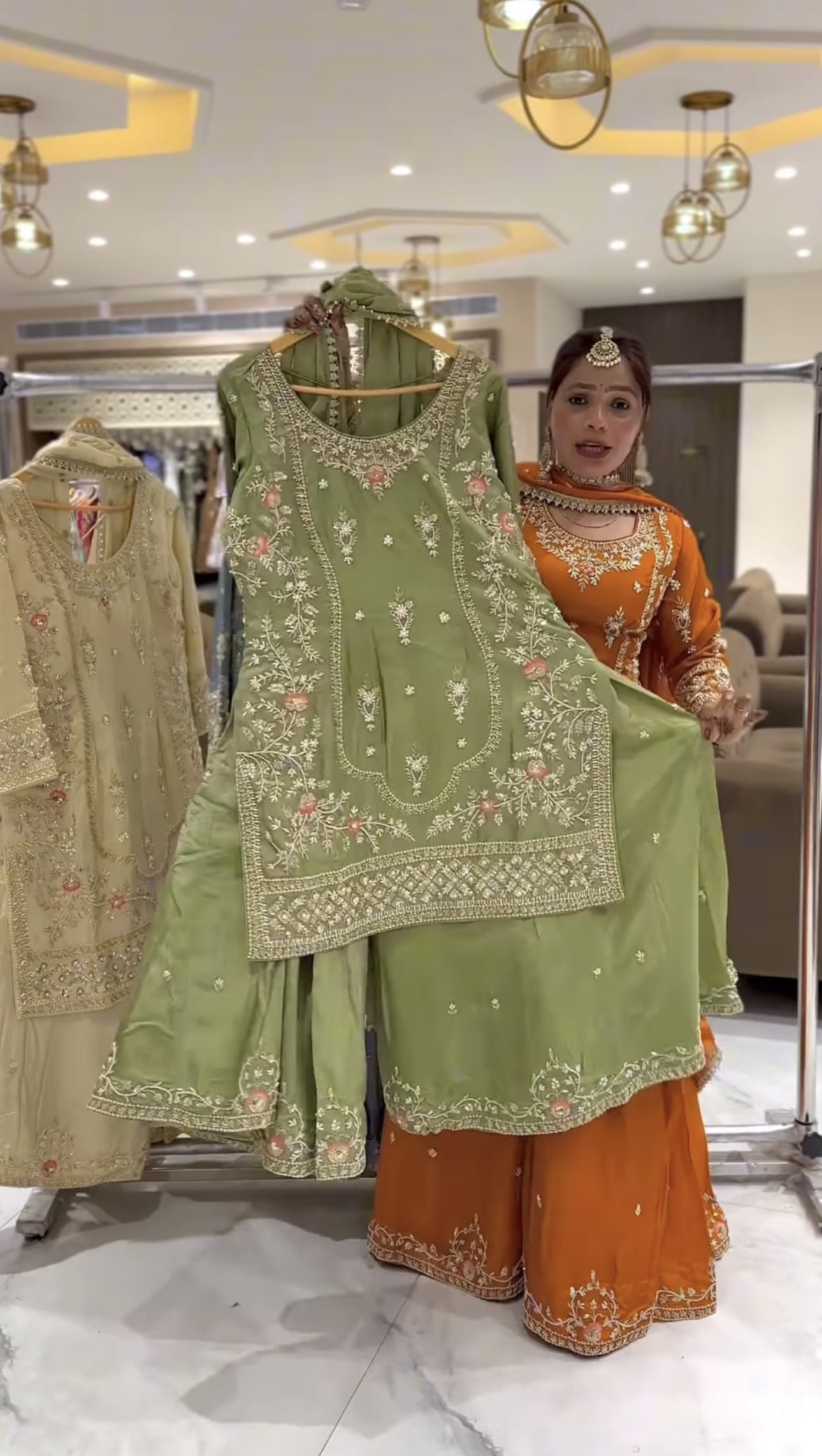 Premium  Sharara Set with Golden Embroidery Detailing, Long Kurta and Matching Dupatta – Ideal for Party, Mehndi & Festive Wear