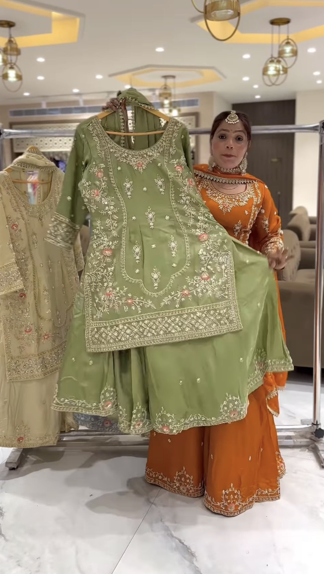 Premium  Sharara Set with Golden Embroidery Detailing, Long Kurta and Matching Dupatta – Ideal for Party, Mehndi & Festive Wear