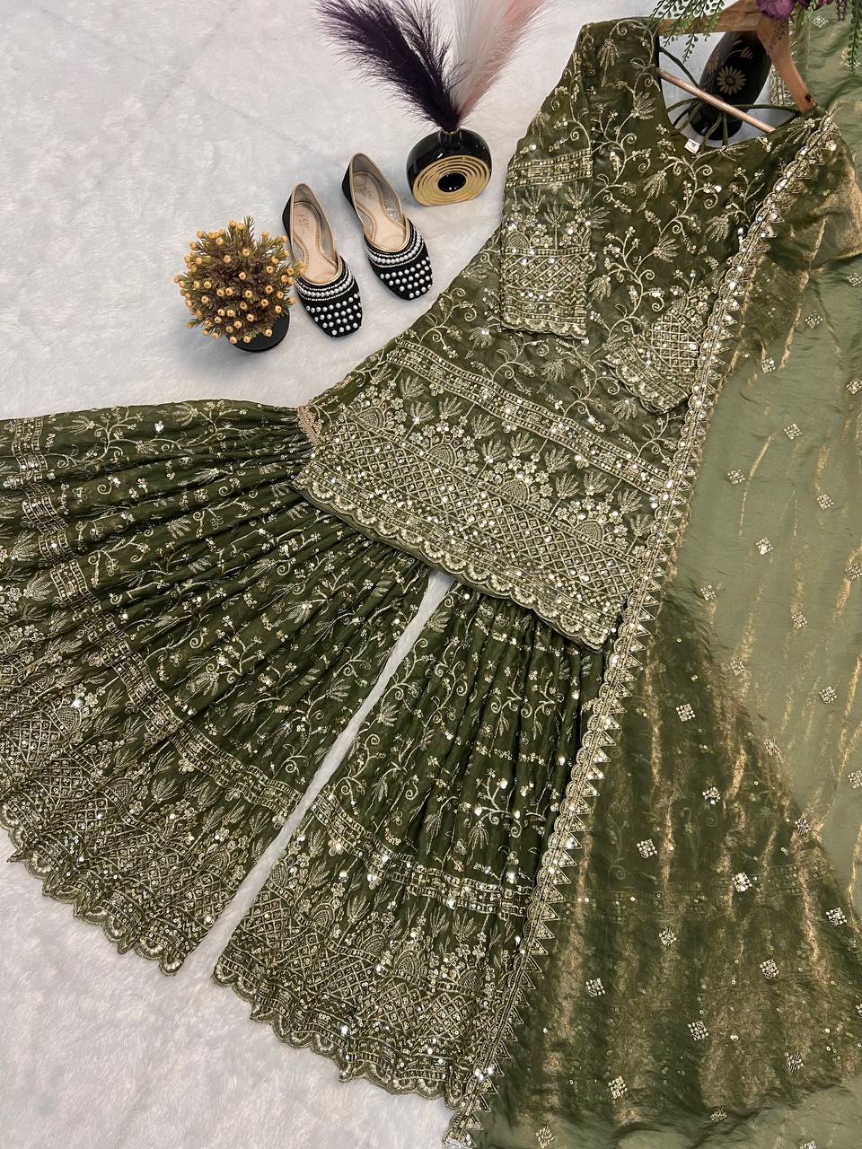 Women’s Designer Pink Sharara Suit Set with Heavy Golden Embroidery, Short Kurta and Flared Sharara Pants with Orange Dupatta – Perfect for Wedding, Party and Festive Wear