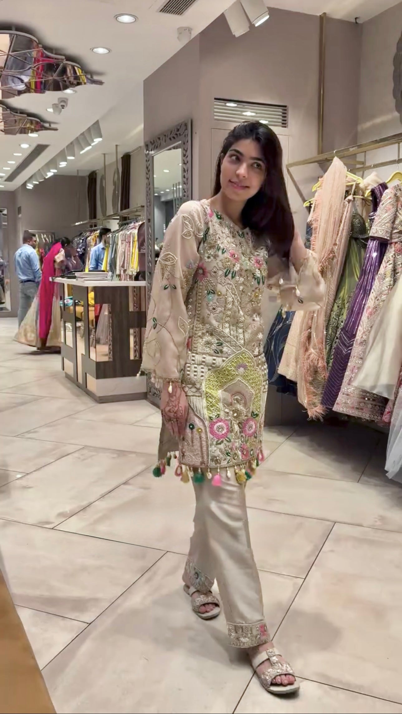 Designer Beige Embroidered Organza Suit with Handcrafted Multicolor Thread, Mirror, and Sequin Work – Includes Embellished Kurti, Straight Pants, and Net Dupatta – Luxury Festive/Mehndi/Eid/Formal Wear