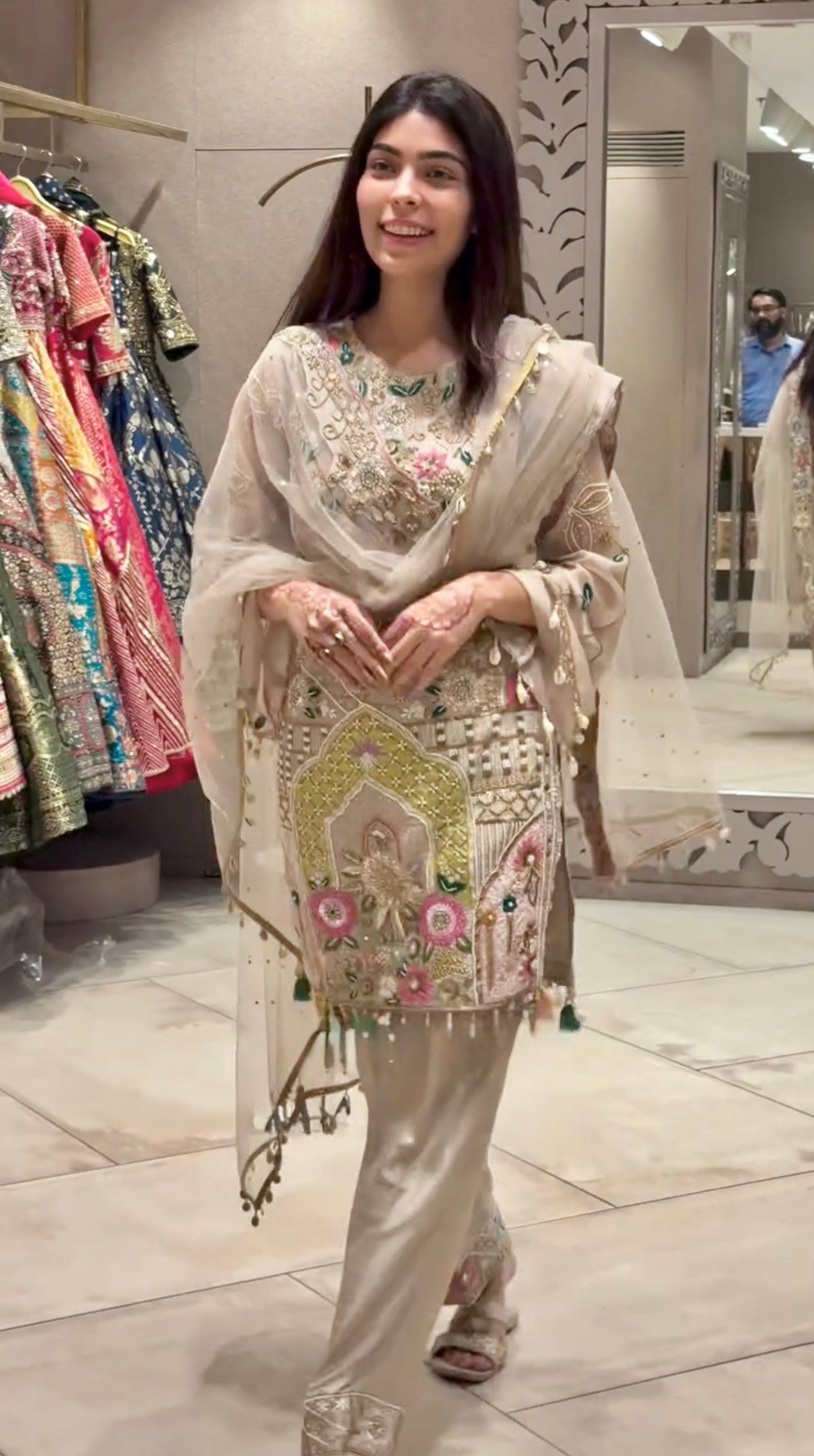 Designer Beige Embroidered Organza Suit with Handcrafted Multicolor Thread, Mirror, and Sequin Work – Includes Embellished Kurti, Straight Pants, and Net Dupatta – Luxury Festive/Mehndi/Eid/Formal Wear