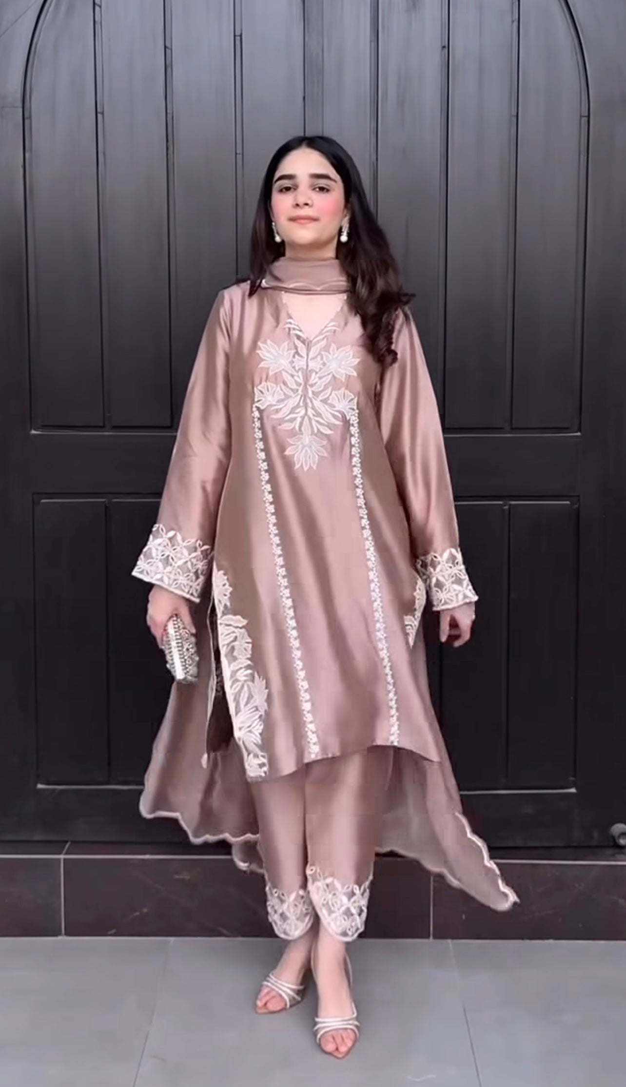 Rose Mocha Elegance – Premium Embroidered Silk Suit with Ivory Threadwork Detailing and Asymmetrical Hemline