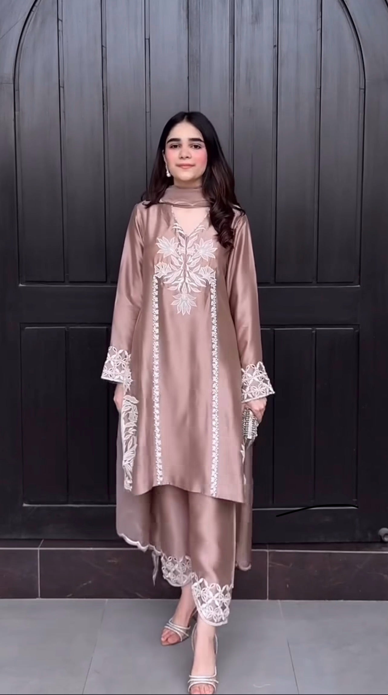 Rose Mocha Elegance – Premium Embroidered Silk Suit with Ivory Threadwork Detailing and Asymmetrical Hemline