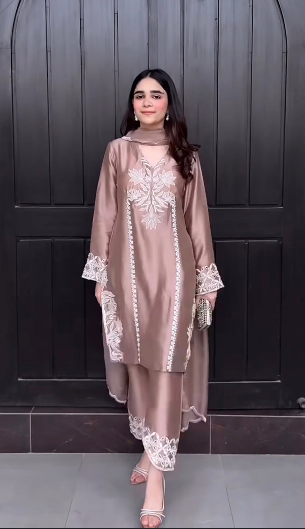 Rose Mocha Elegance – Premium Embroidered Silk Suit with Ivory Threadwork Detailing and Asymmetrical Hemline
