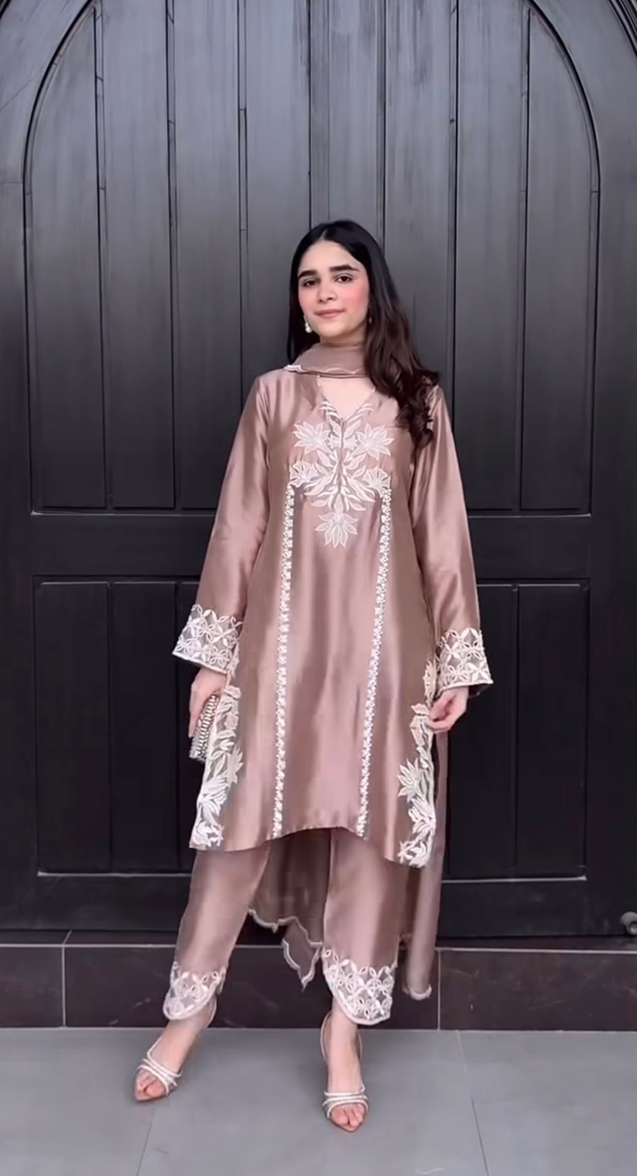 Rose Mocha Elegance – Premium Embroidered Silk Suit with Ivory Threadwork Detailing and Asymmetrical Hemline