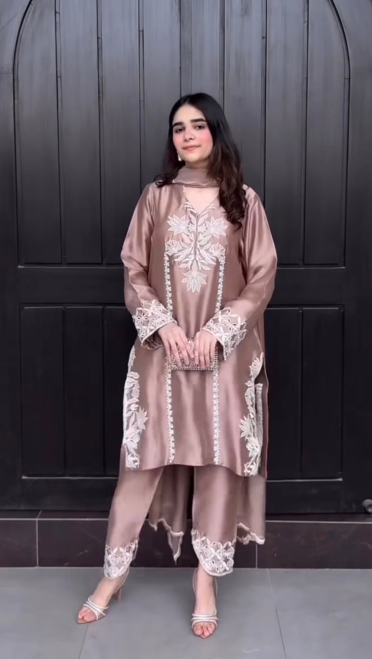 Rose Mocha Elegance – Premium Embroidered Silk Suit with Ivory Threadwork Detailing and Asymmetrical Hemline
