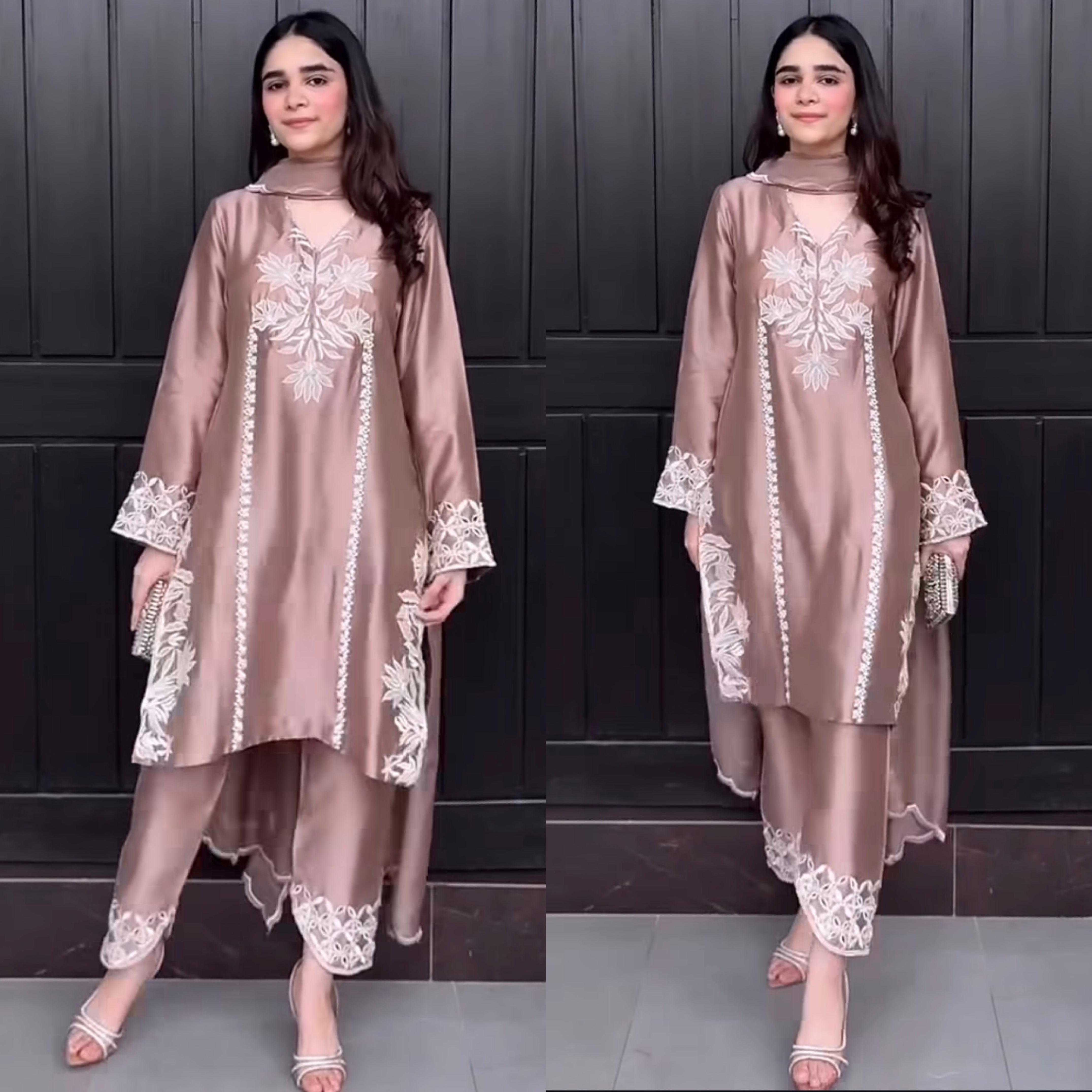 Rose Mocha Elegance – Premium Embroidered Silk Suit with Ivory Threadwork Detailing and Asymmetrical Hemline