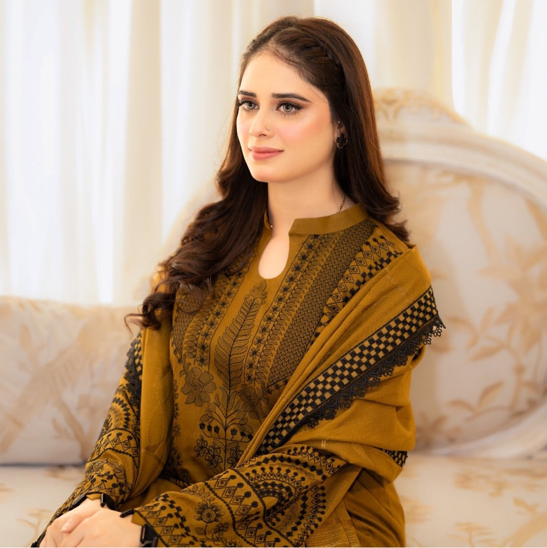 Premium Mustard Yellow Embroidered 3-Piece Unstitched Lawn Suit for Women with Intricate Thread Work, Matching Dupatta, and Traditional Design – Ideal for Formal, Festive, and Casual Wear