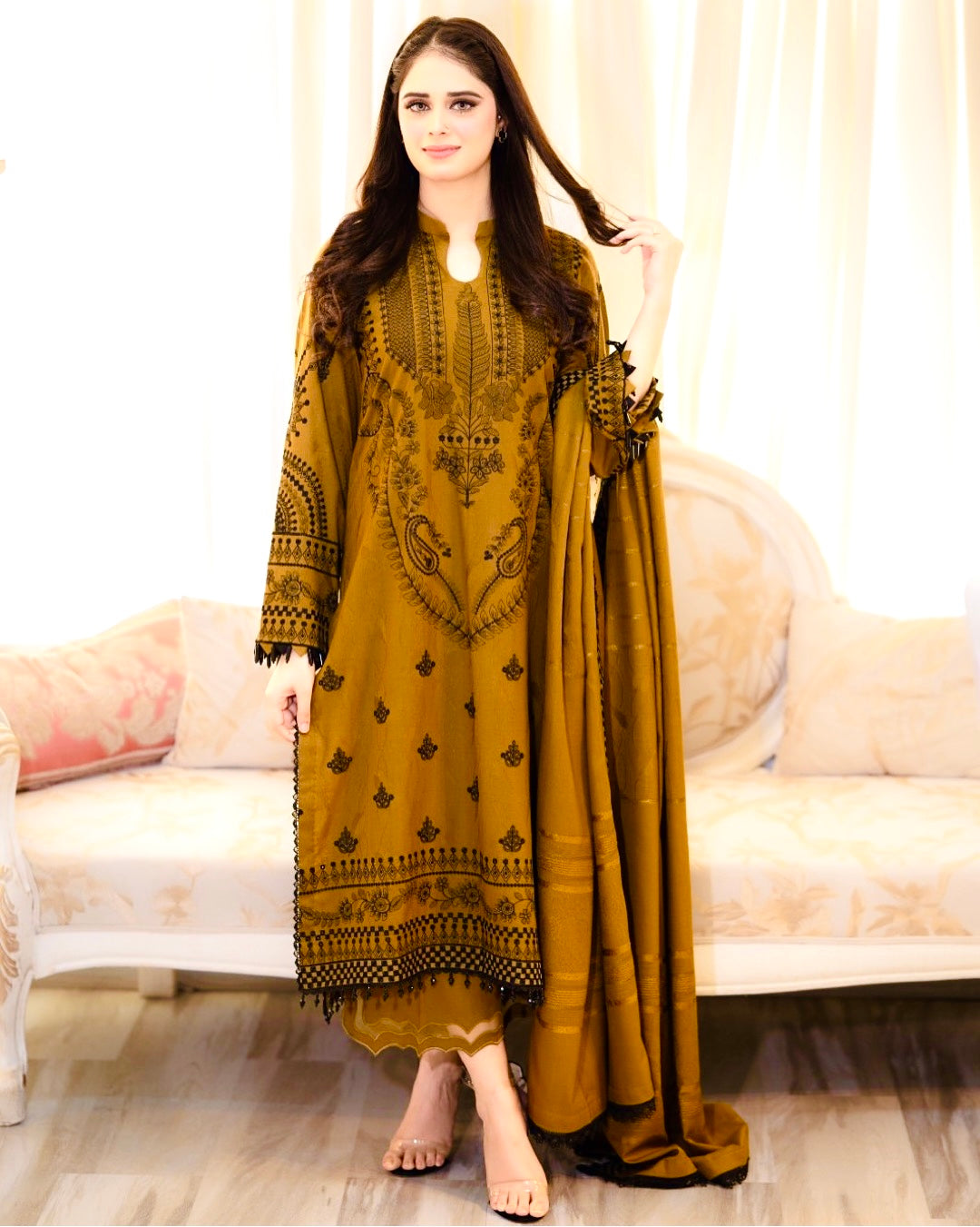 Premium Mustard Yellow Embroidered 3-Piece Unstitched Lawn Suit for Women with Intricate Thread Work, Matching Dupatta, and Traditional Design – Ideal for Formal, Festive, and Casual Wear