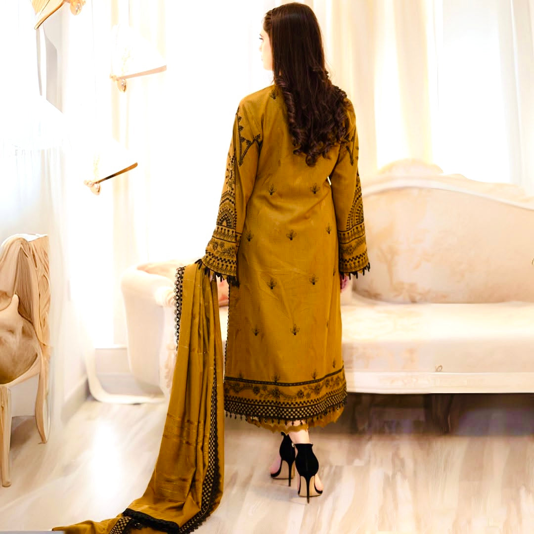 Premium Mustard Yellow Embroidered 3-Piece Unstitched Lawn Suit for Women with Intricate Thread Work, Matching Dupatta, and Traditional Design – Ideal for Formal, Festive, and Casual Wear