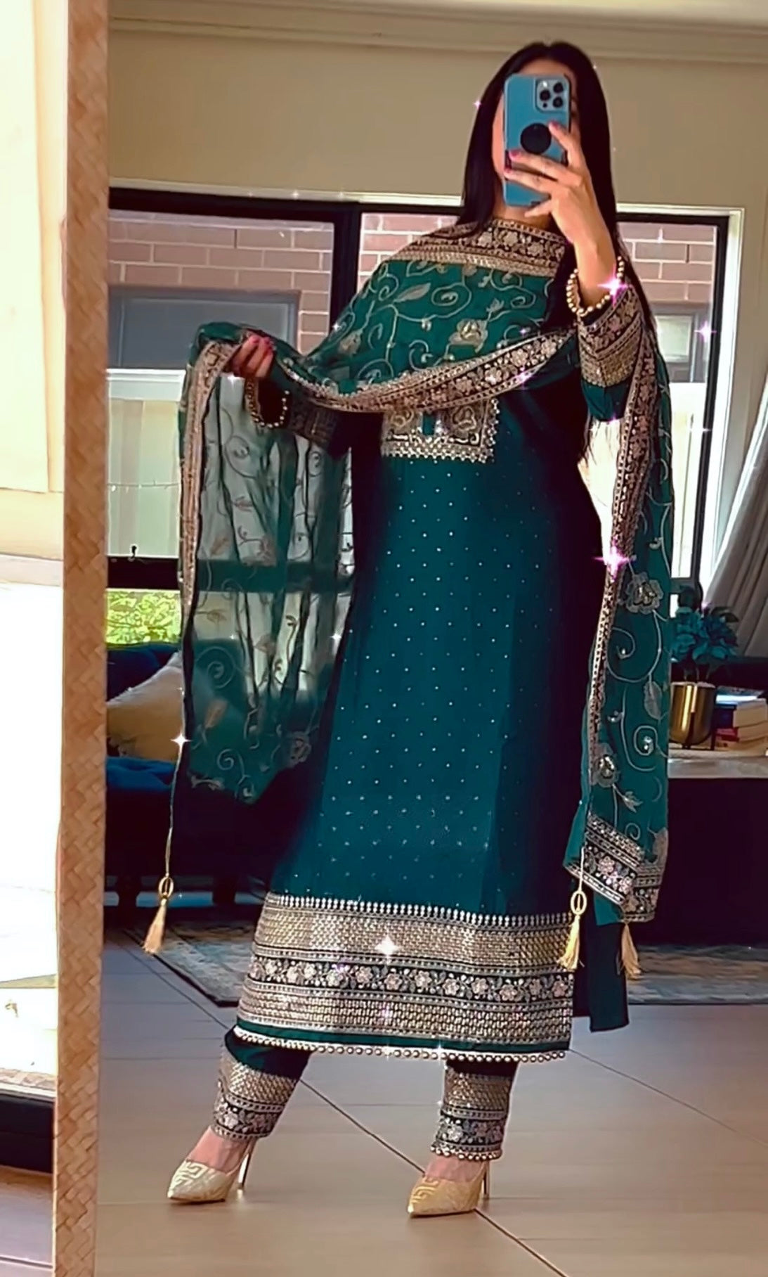 Premium Teal Green Heavy Mirror Work Patiala Suit Set with Intricate Zari Embroidery, Designer Tasseled Dupatta & Embellished Borders – Perfect for Festive & Wedding Occasions