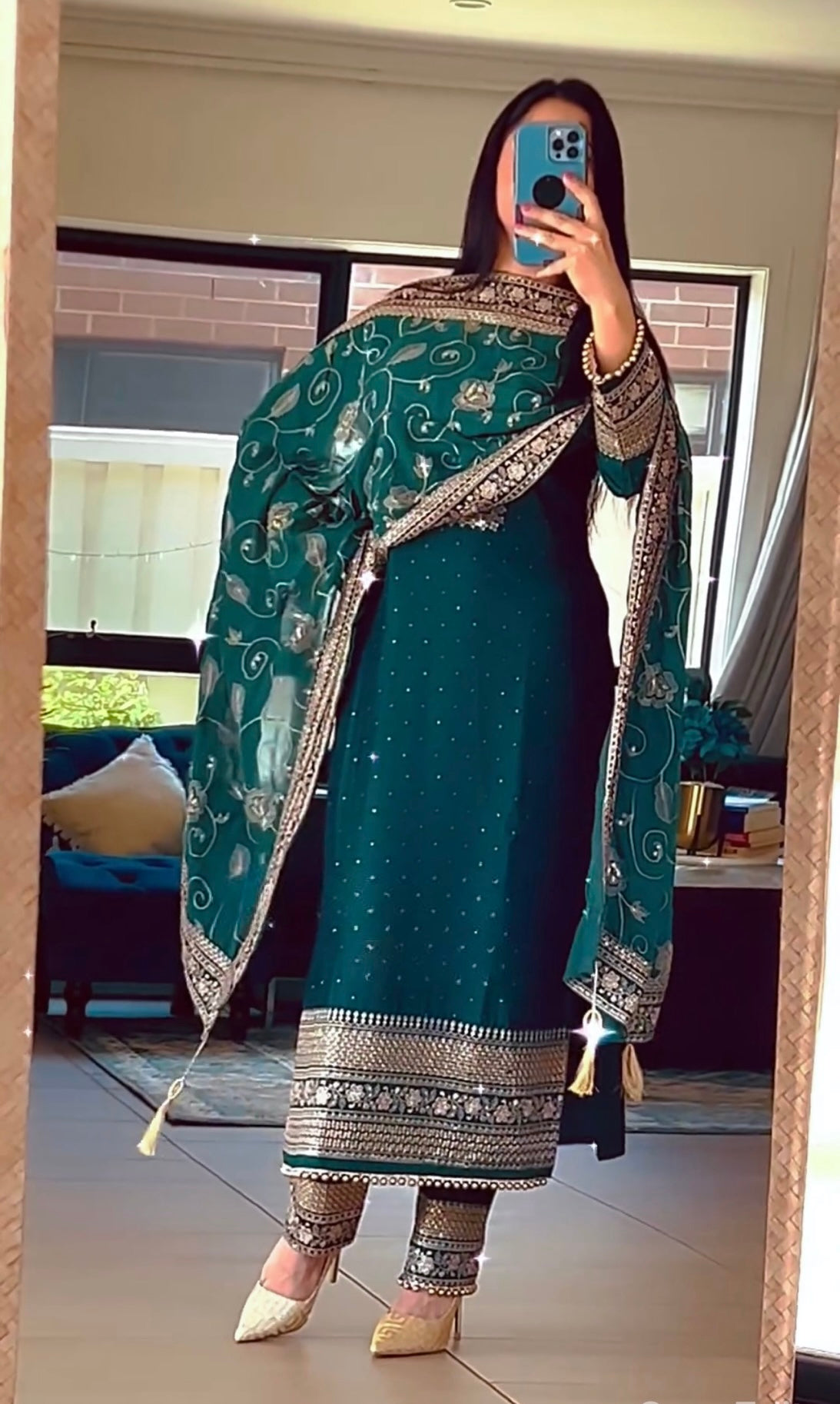 Premium Teal Green Heavy Mirror Work Patiala Suit Set with Intricate Zari Embroidery, Designer Tasseled Dupatta & Embellished Borders – Perfect for Festive & Wedding Occasions
