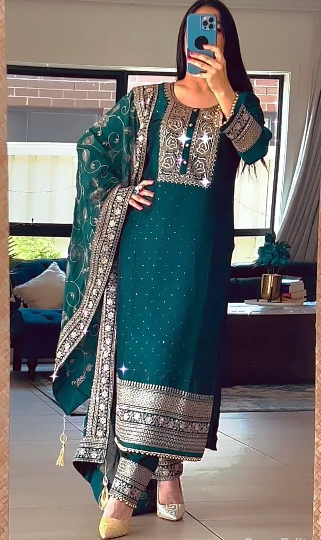 Premium Teal Green Heavy Mirror Work Patiala Suit Set with Intricate Zari Embroidery, Designer Tasseled Dupatta & Embellished Borders – Perfect for Festive & Wedding Occasions