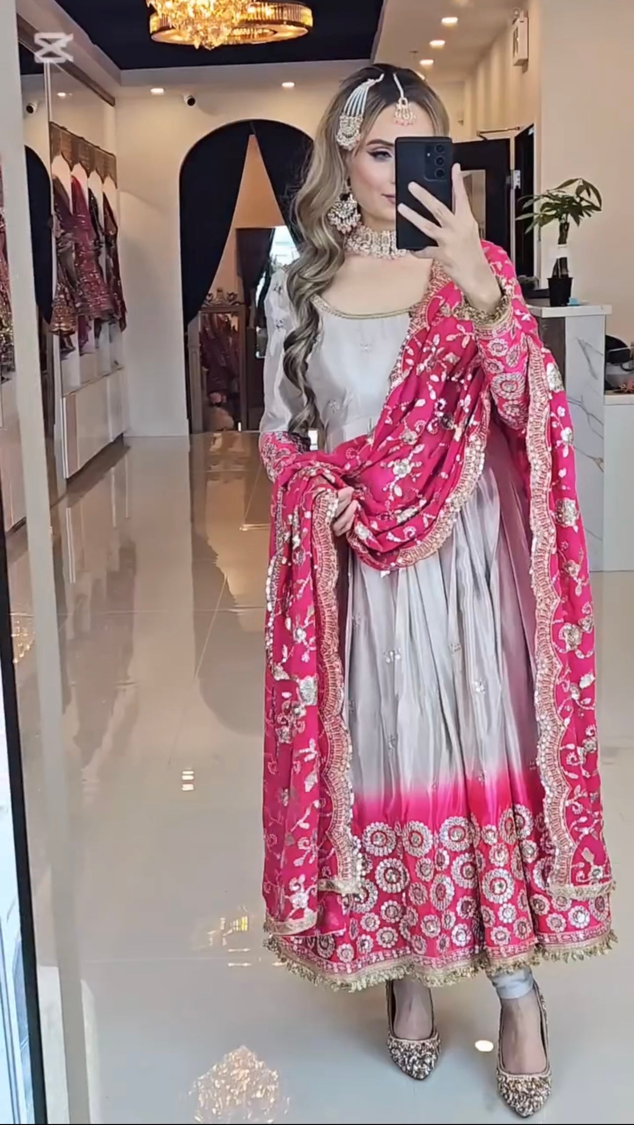 Royal Grey & Pink Heavy Embroidered Anarkali Set with Gota Patti Border Dupatta – Perfect Bridal & Festive Wear for Weddings and Engagements