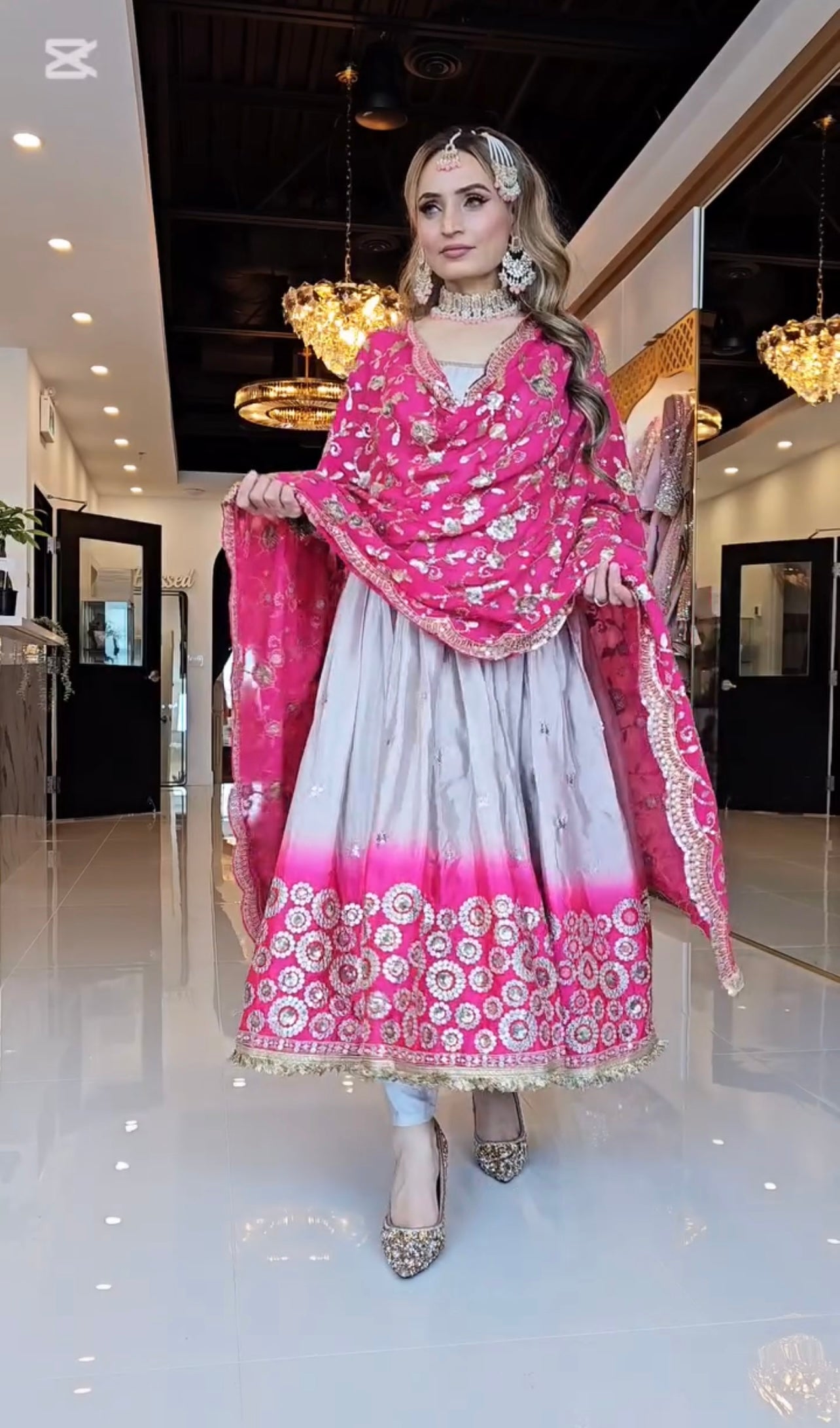 Royal Grey & Pink Heavy Embroidered Anarkali Set with Gota Patti Border Dupatta – Perfect Bridal & Festive Wear for Weddings and Engagements