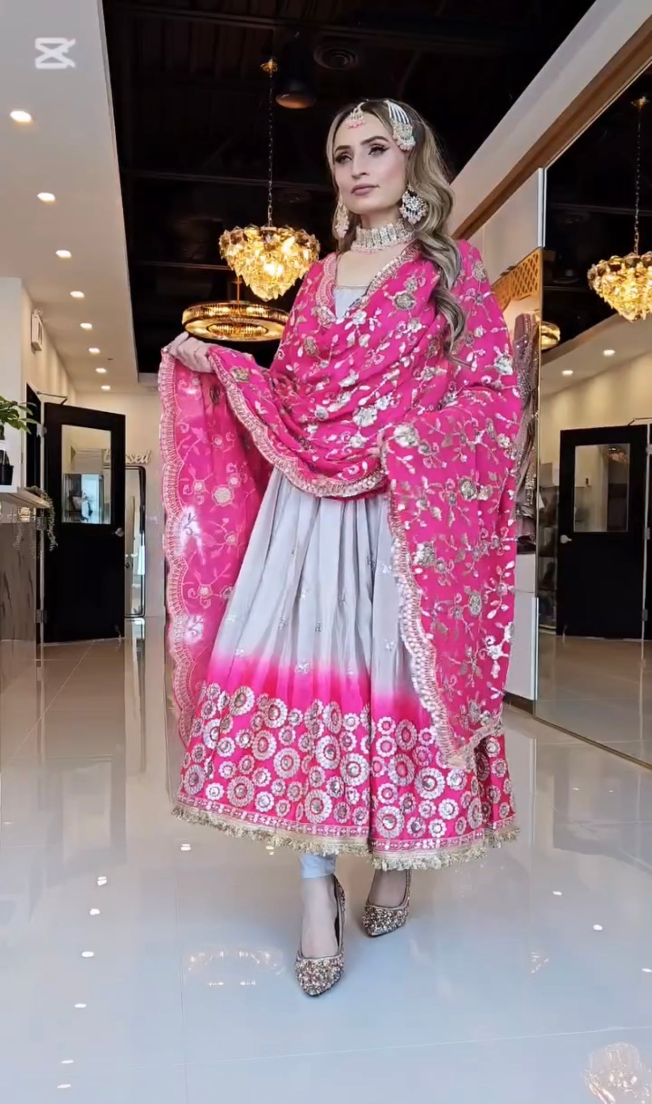 Royal Grey & Pink Heavy Embroidered Anarkali Set with Gota Patti Border Dupatta – Perfect Bridal & Festive Wear for Weddings and Engagements