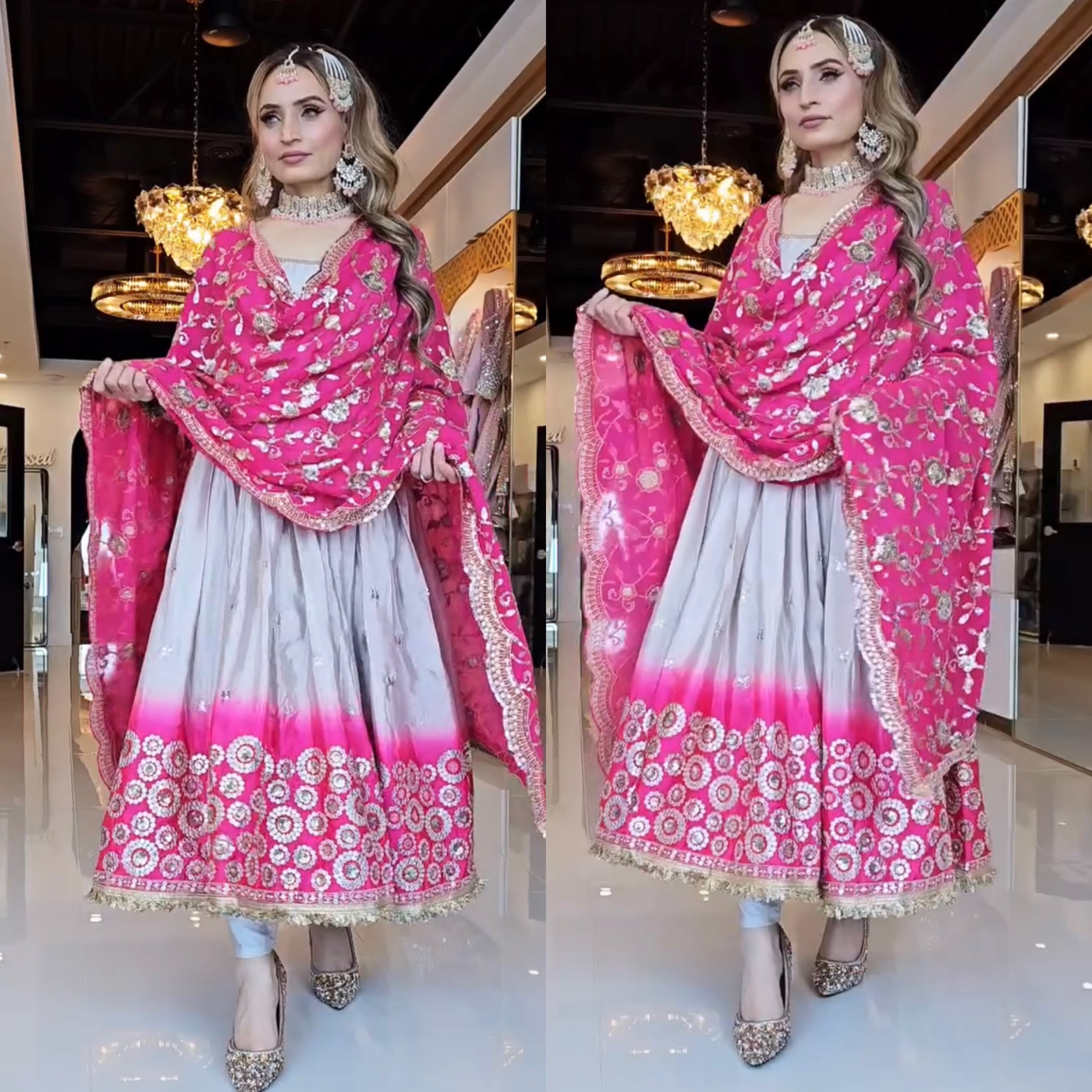 Royal Grey & Pink Heavy Embroidered Anarkali Set with Gota Patti Border Dupatta – Perfect Bridal & Festive Wear for Weddings and Engagements
