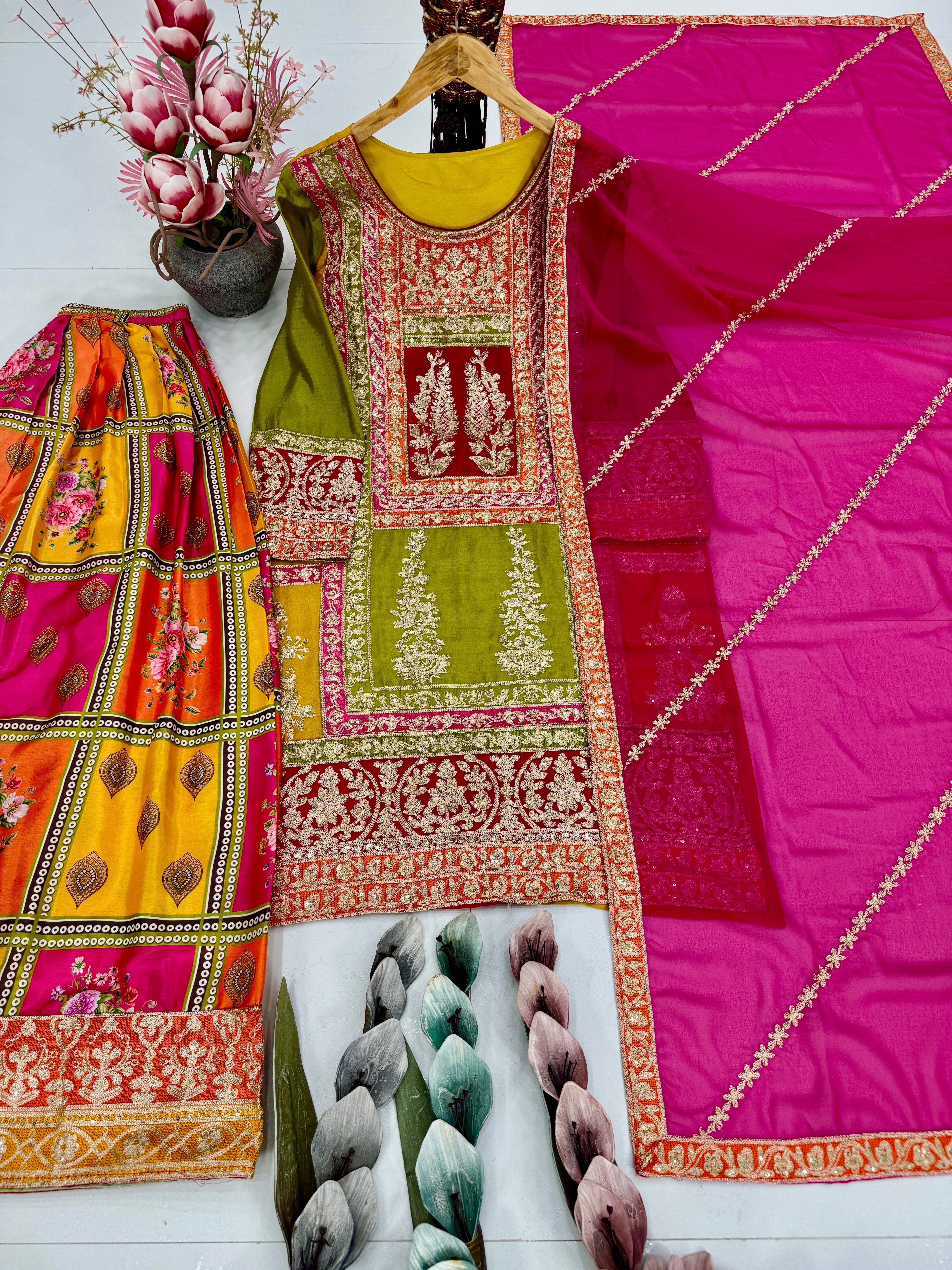 Traditional Multicolor Sharara Suit with Intricate Embroidery & Rich Detailing