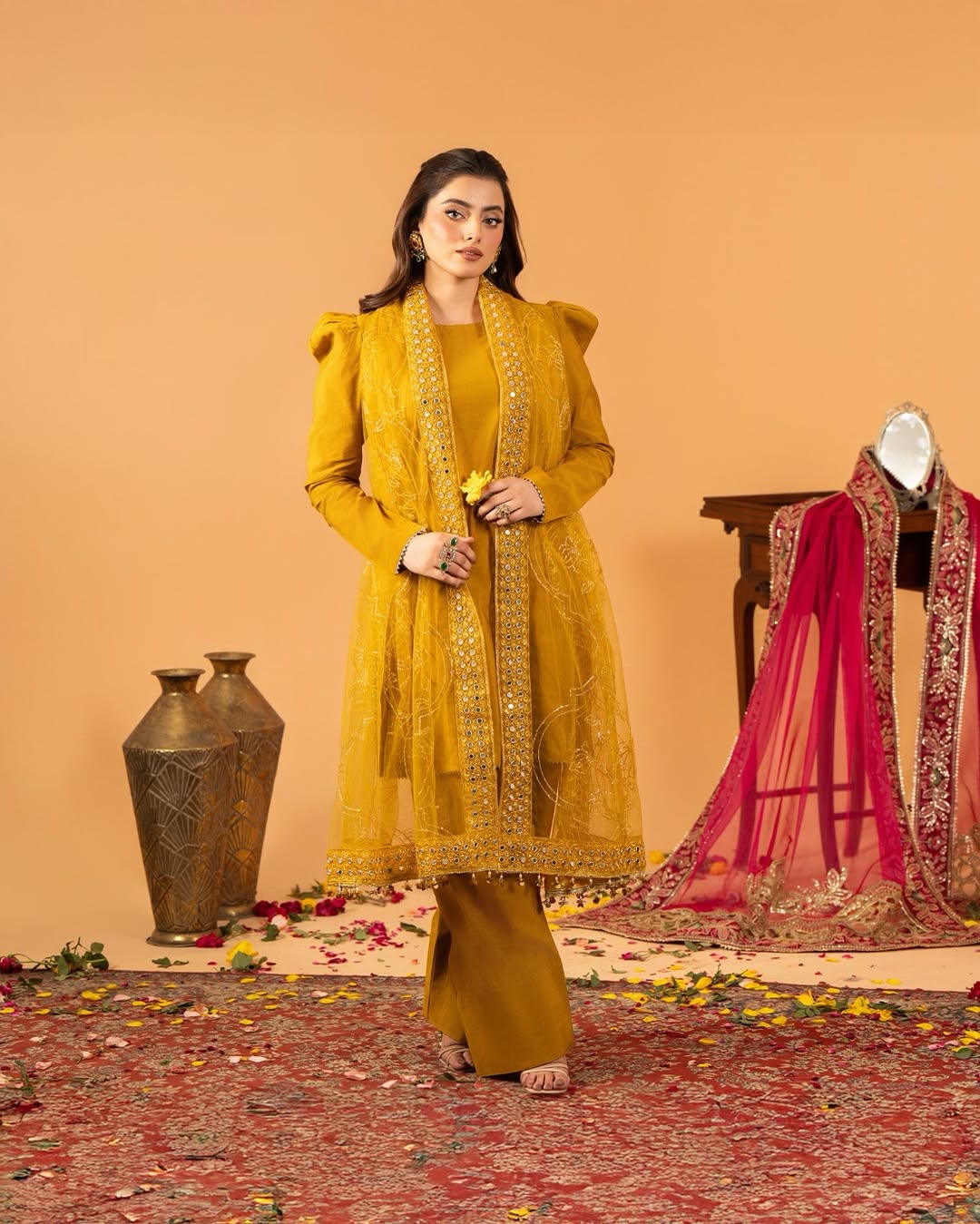 Elegant Mustard Yellow Embroidered Straight Kurta Set with Matching Palazzo and Net Dupatta – Perfect Ethnic Wear for Haldi, Festive & Day Events