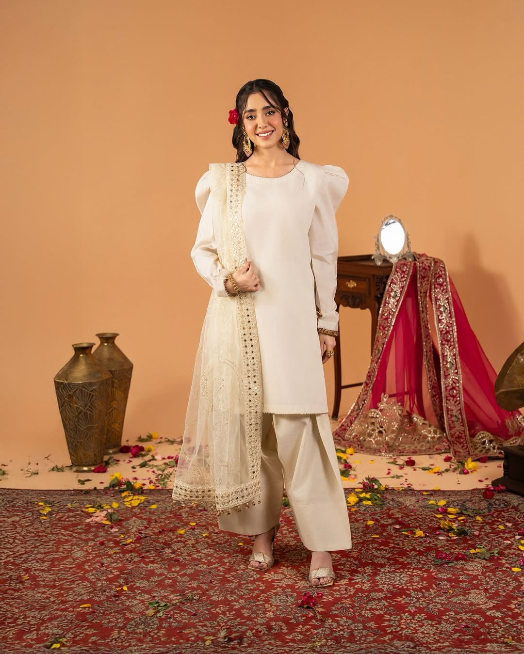 Elegant Mustard white Embroidered Straight Kurta Set with Matching Palazzo and Net Dupatta – Perfect Ethnic Wear for Haldi, Festive & Day Events