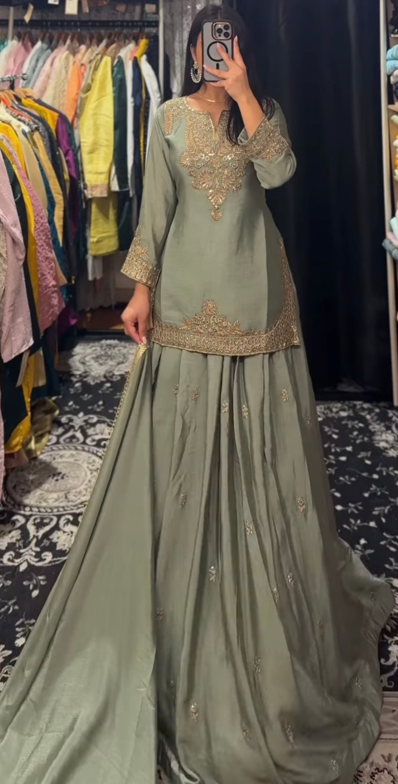 Designer Pista Green Sharara Set with Heavy Golden Zari Embroidery and Long Flared Bottom for Festive & Wedding Wear