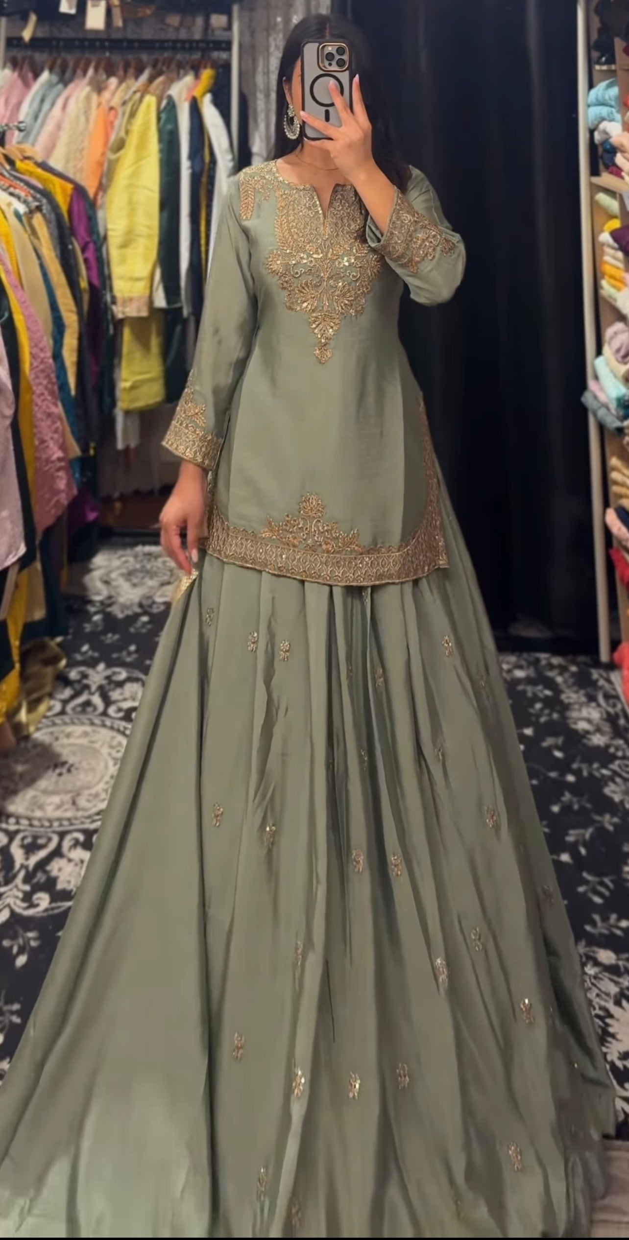 Designer Pista Green Sharara Set with Heavy Golden Zari Embroidery and Long Flared Bottom for Festive & Wedding Wear