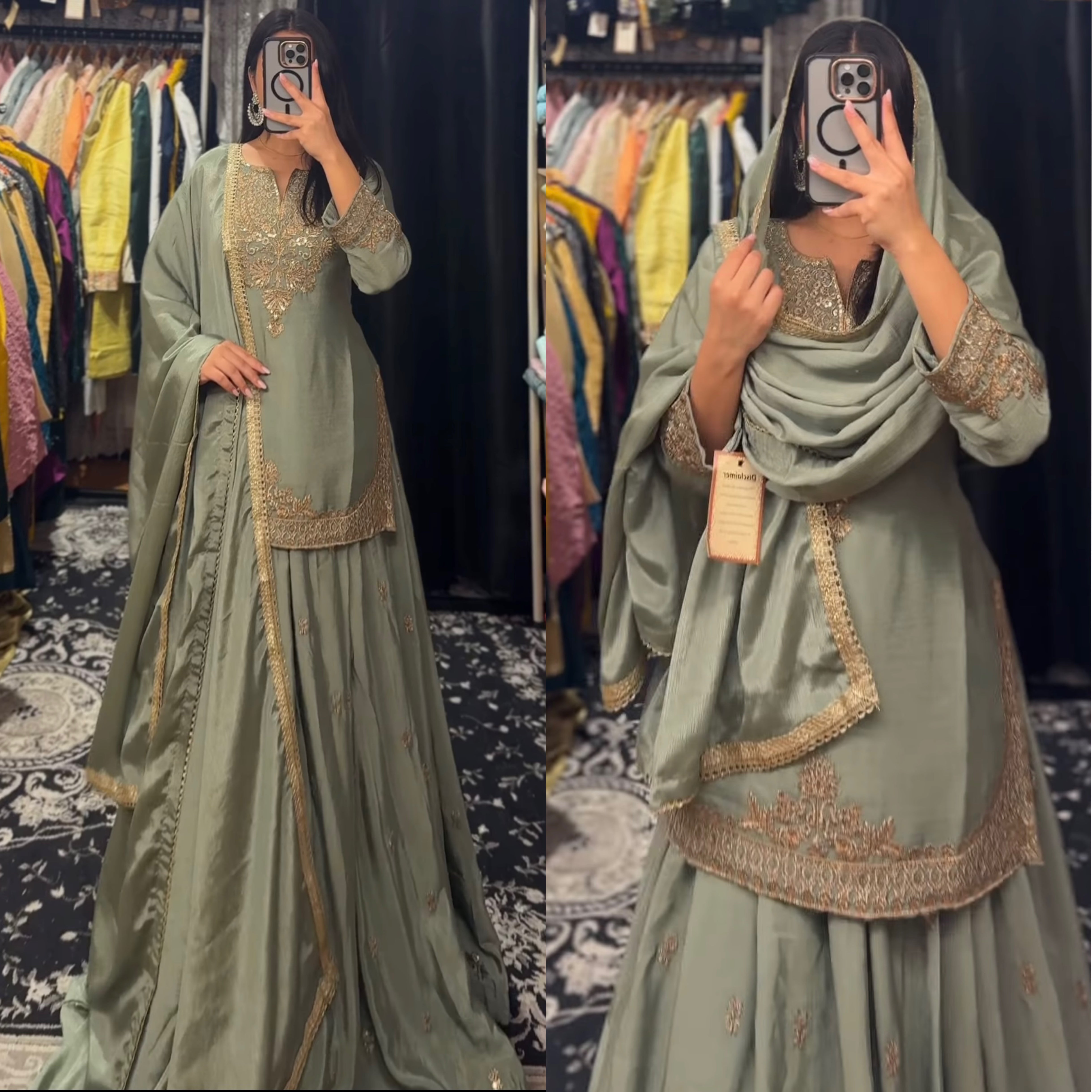 Designer Pista Green Sharara Set with Heavy Golden Zari Embroidery and Long Flared Bottom for Festive & Wedding Wear