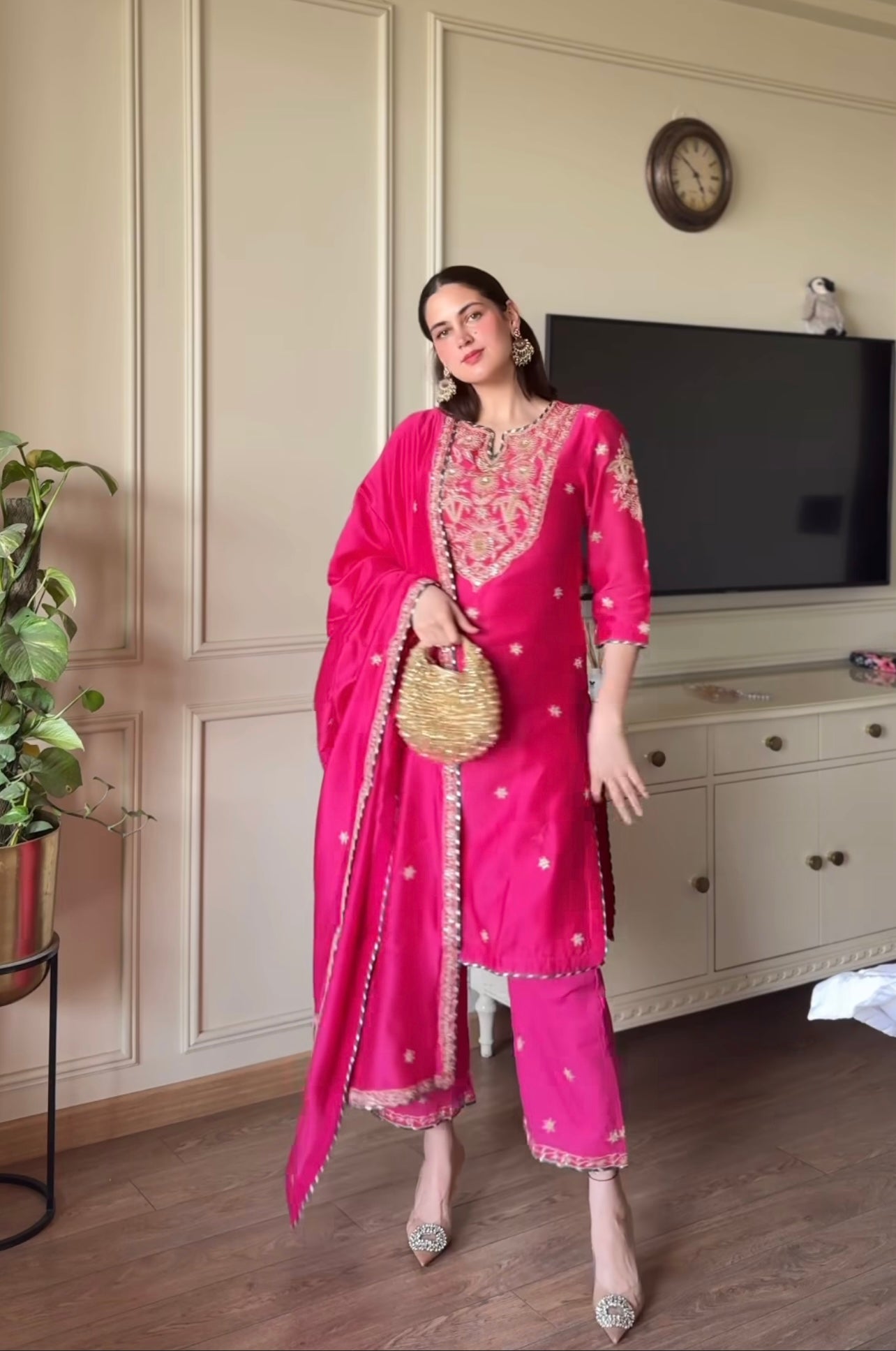 Royal Fuchsia Pink Straight Kurta Set with Intricate Golden Zari & Thread Embroidery, Matching Palazzo and Dupatta – Ideal for Festive Wear, Mehndi Functions, and Daytime Ceremonies