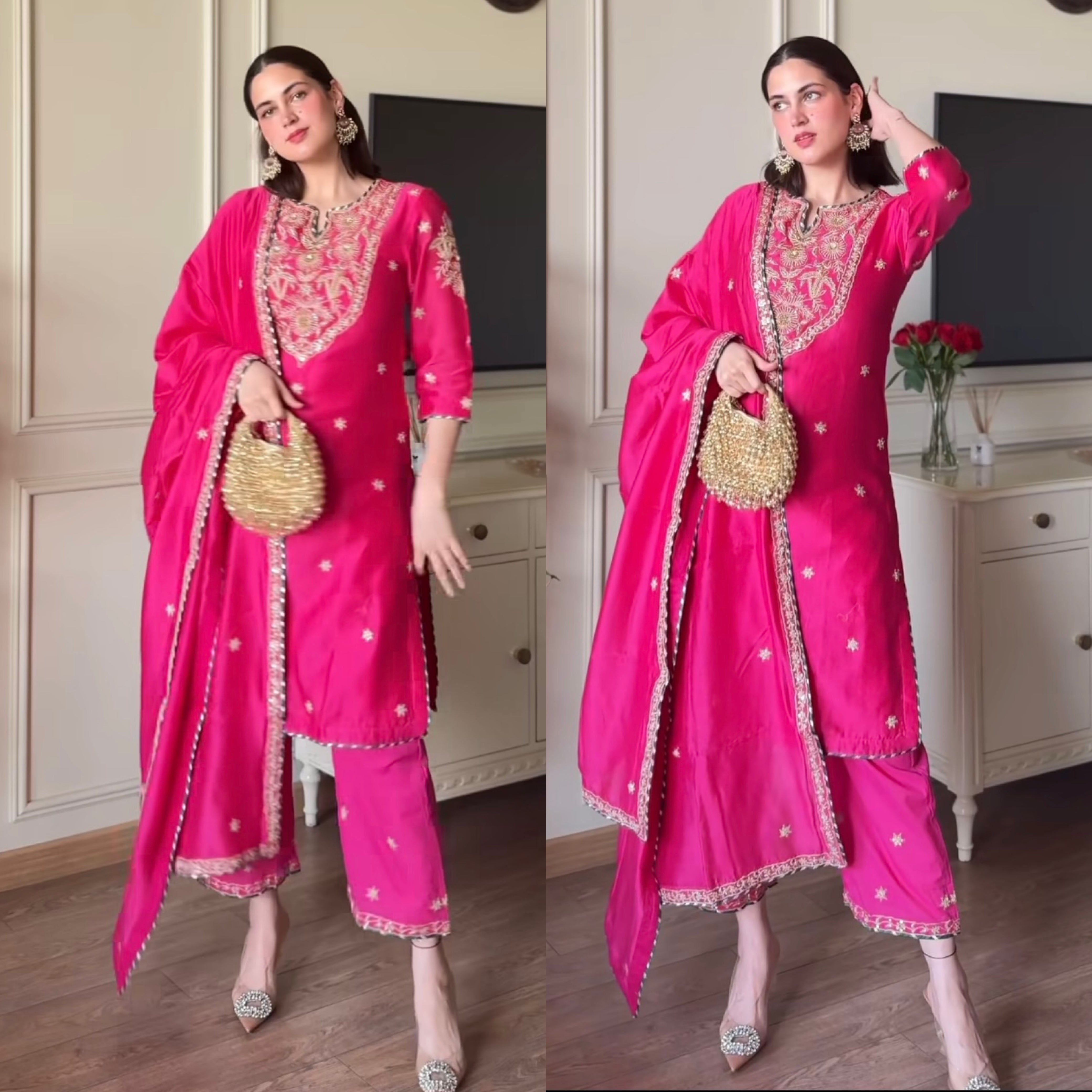 Royal Fuchsia Pink Straight Kurta Set with Intricate Golden Zari & Thread Embroidery, Matching Palazzo and Dupatta – Ideal for Festive Wear, Mehndi Functions, and Daytime Ceremonies