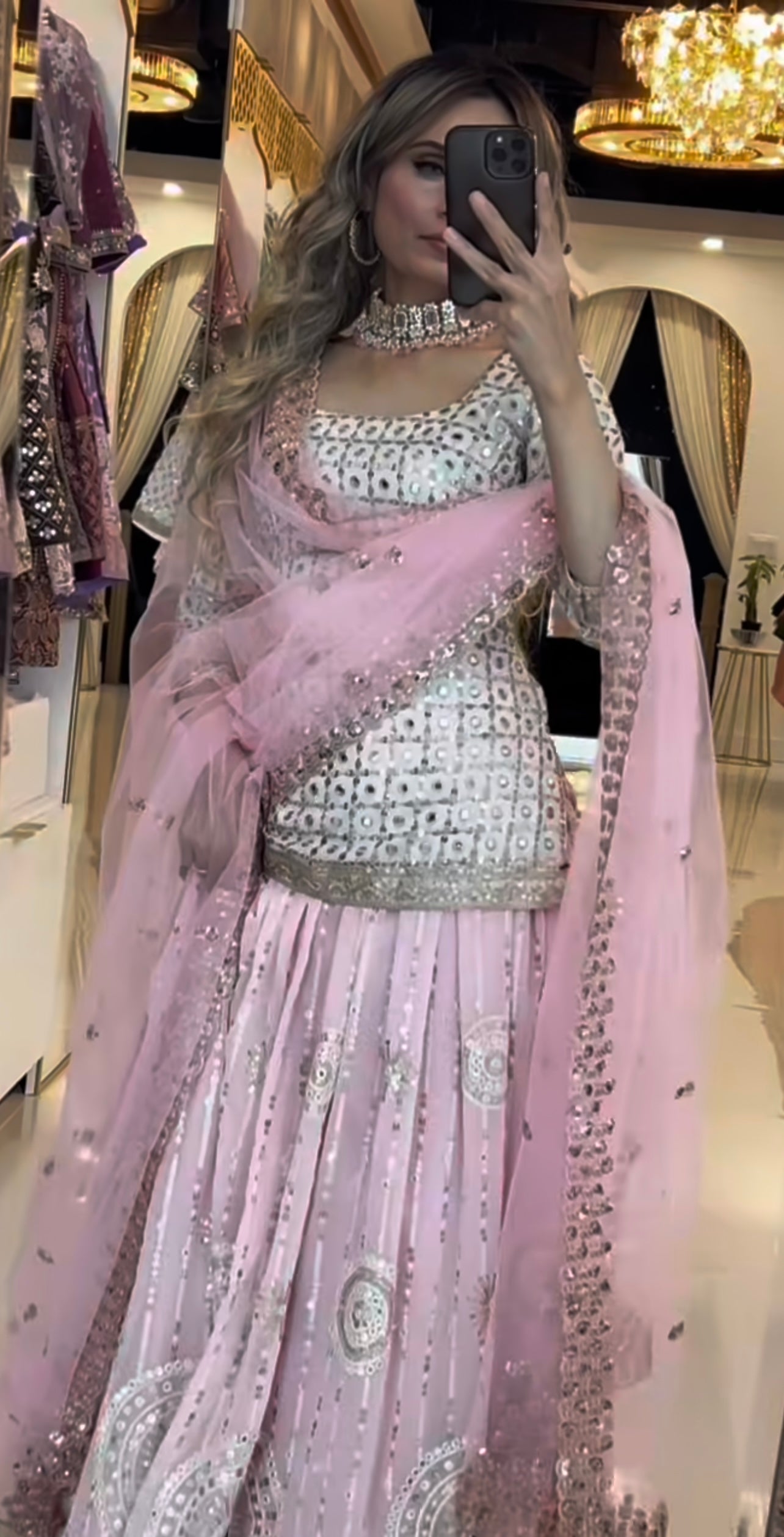 Luxury Baby Pink Mirror Work Georgette Lehenga Choli Set with Heavy Sequin Embroidery & Net Dupatta – Ideal for Bridal Showers, Engagements, and Festive Celebrations