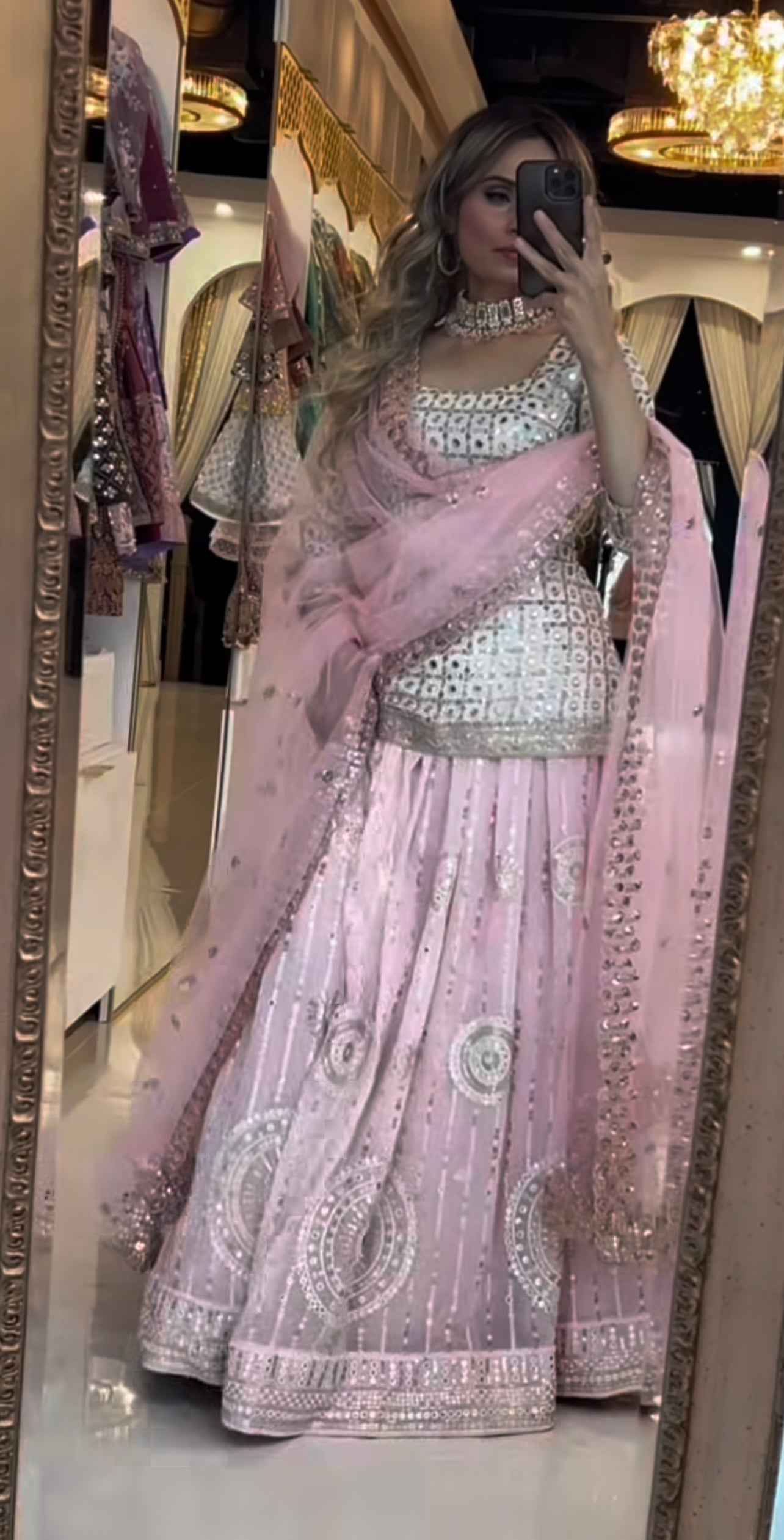 Luxury Baby Pink Mirror Work Georgette Lehenga Choli Set with Heavy Sequin Embroidery & Net Dupatta – Ideal for Bridal Showers, Engagements, and Festive Celebrations