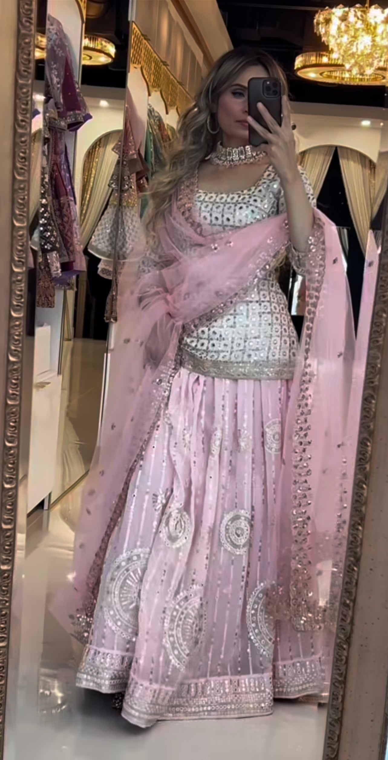 Luxury Baby Pink Mirror Work Georgette Lehenga Choli Set with Heavy Sequin Embroidery & Net Dupatta – Ideal for Bridal Showers, Engagements, and Festive Celebrations