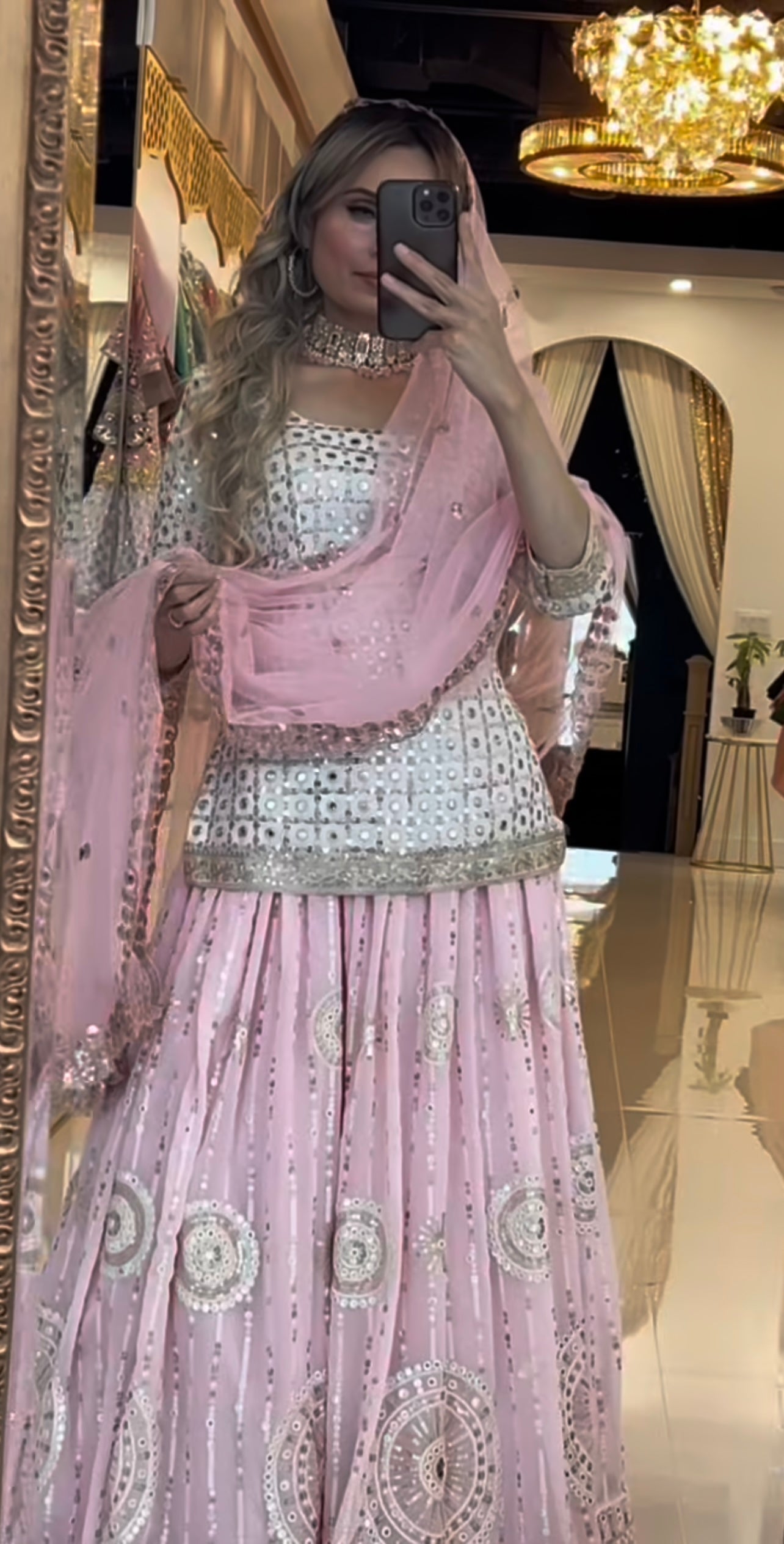 Luxury Baby Pink Mirror Work Georgette Lehenga Choli Set with Heavy Sequin Embroidery & Net Dupatta – Ideal for Bridal Showers, Engagements, and Festive Celebrations