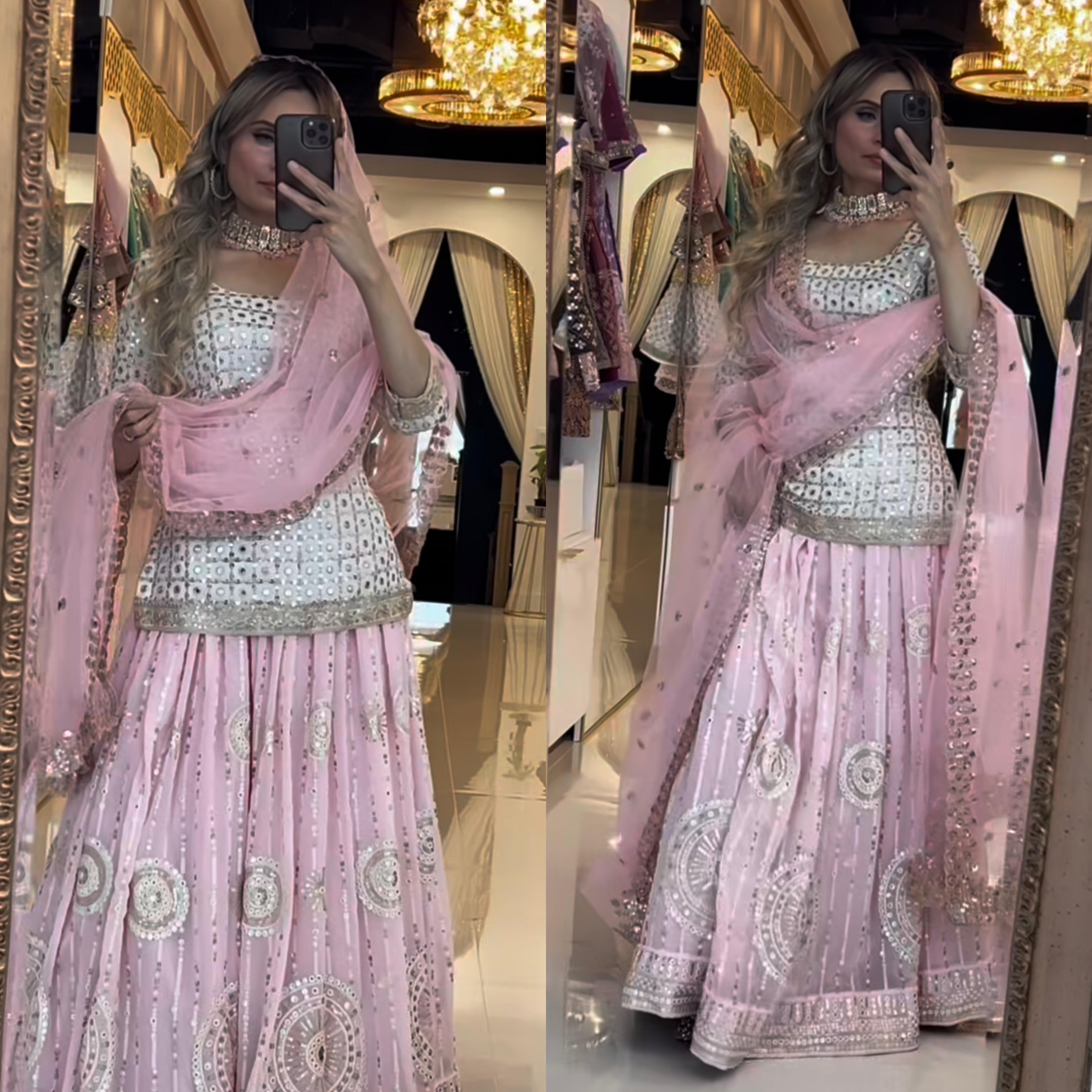Luxury Baby Pink Mirror Work Georgette Lehenga Choli Set with Heavy Sequin Embroidery & Net Dupatta – Ideal for Bridal Showers, Engagements, and Festive Celebrations
