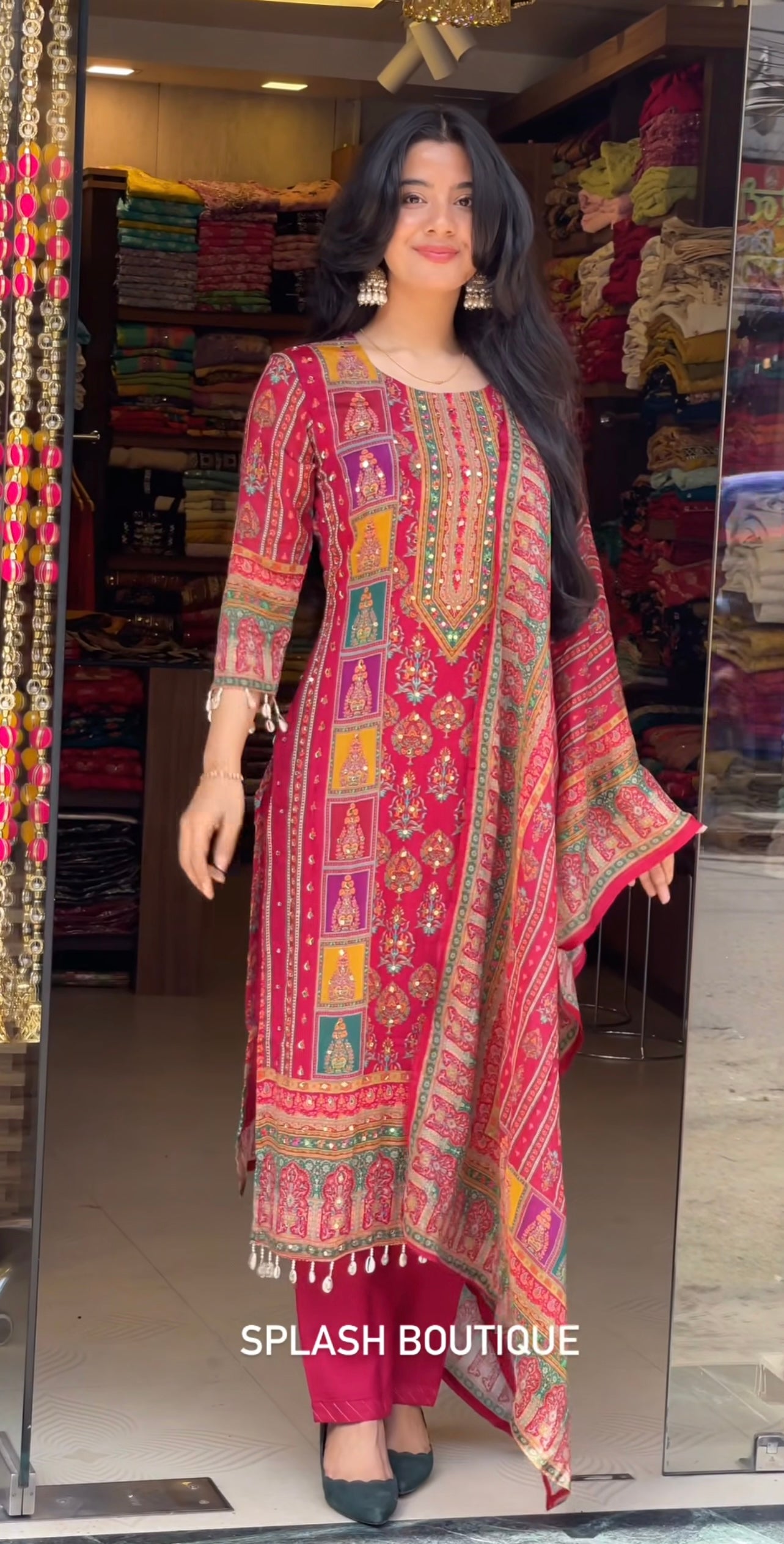 Elegant Maroon Multicolor Ethnic Print Kurta Set with Decorative Neck Mirror Work and Designer Dupatta | Festive & Daily Traditional Wear for Women