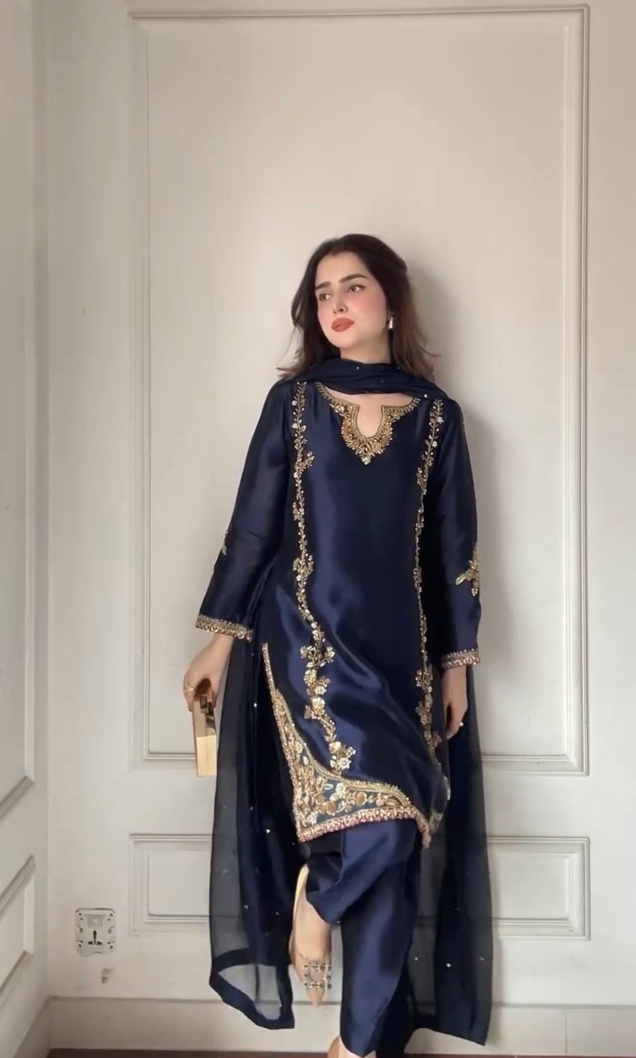 Midnight Majesty – Deep Navy Silk Ensemble with Handcrafted Antique Gold Embroidery and Sheer Dupatta Accents