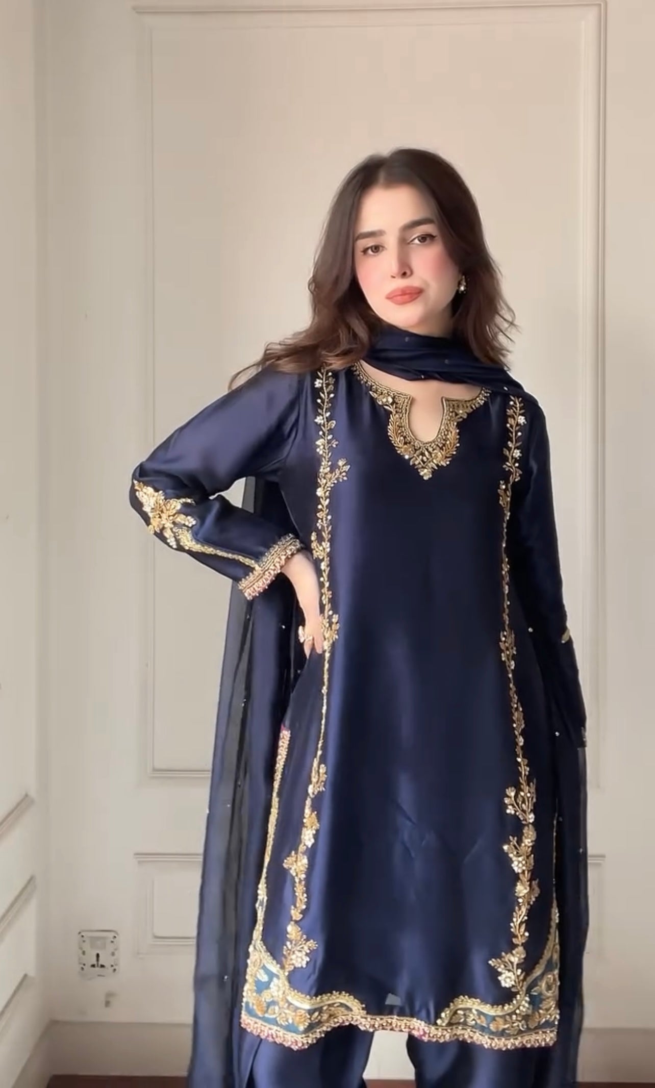Midnight Majesty – Deep Navy Silk Ensemble with Handcrafted Antique Gold Embroidery and Sheer Dupatta Accents