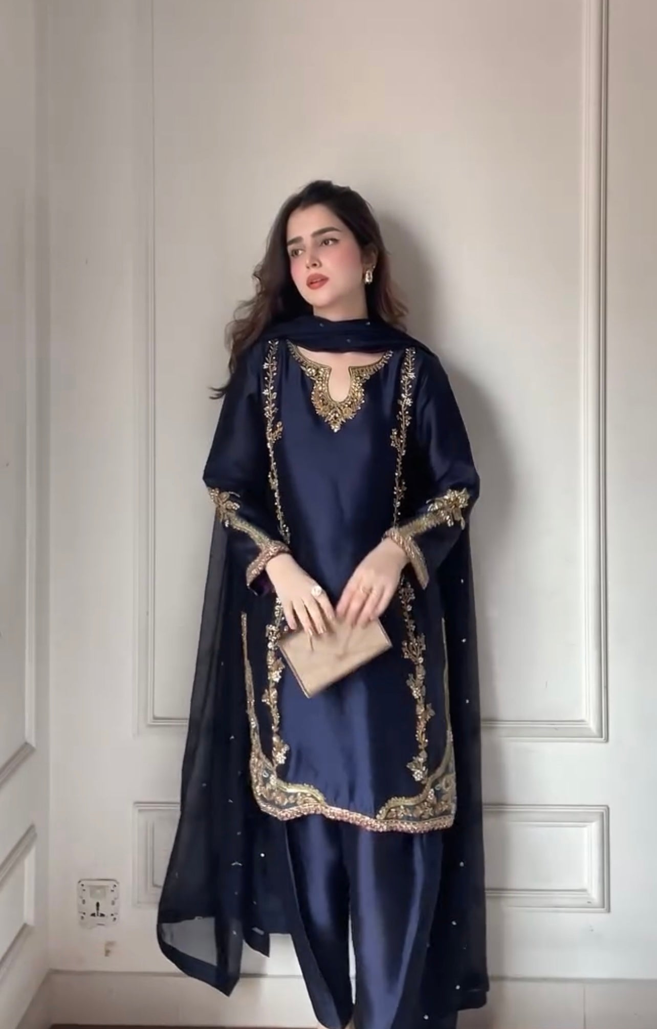 Midnight Majesty – Deep Navy Silk Ensemble with Handcrafted Antique Gold Embroidery and Sheer Dupatta Accents