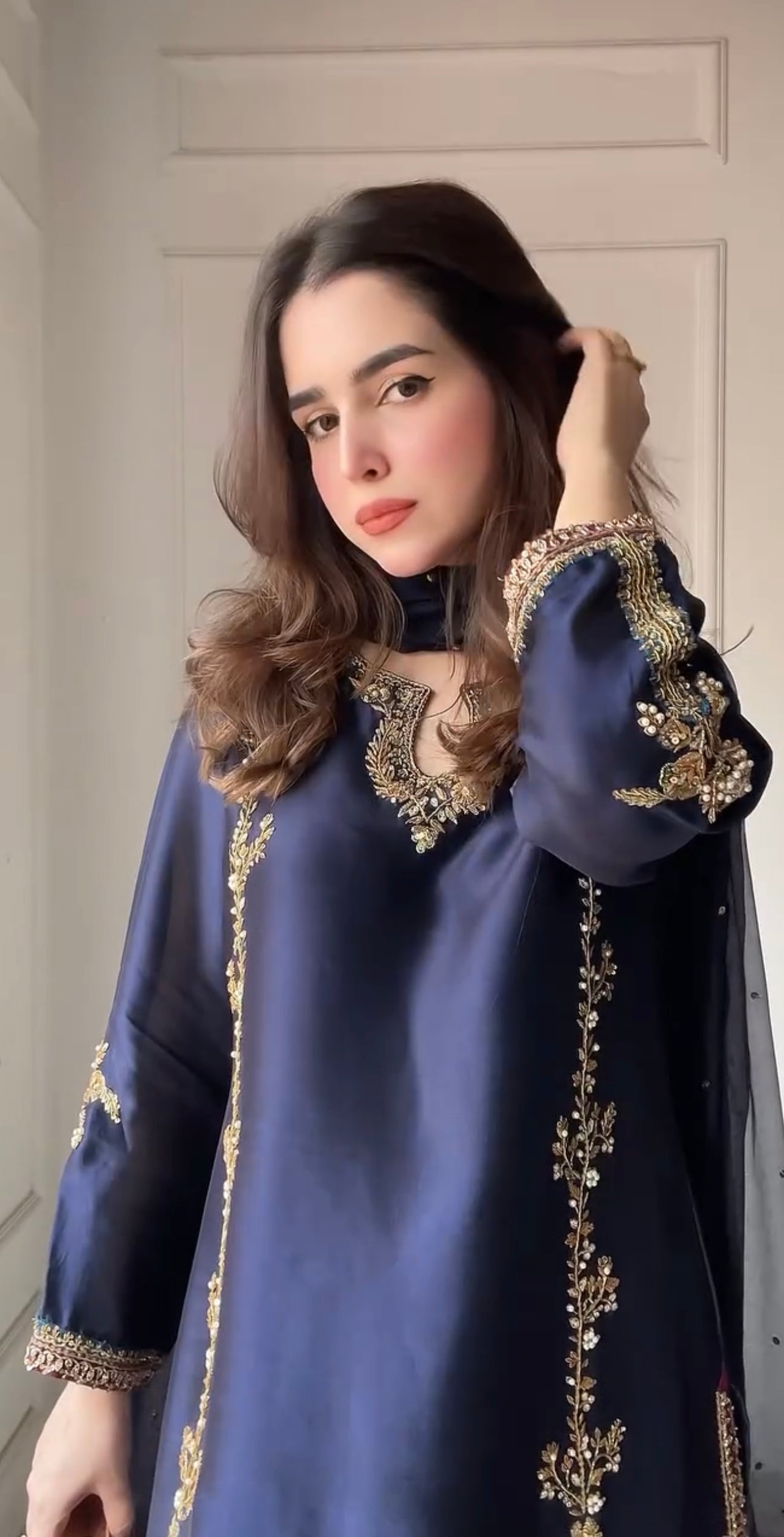 Midnight Majesty – Deep Navy Silk Ensemble with Handcrafted Antique Gold Embroidery and Sheer Dupatta Accents