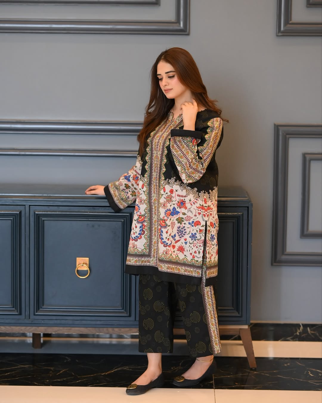 "Elegant  Printed Lawn Kurti for Women with Intricate Floral Patterns, Straight Long Shirt Design, and Comfortable Fabric – Perfect for Casual, Office, and Everyday Wear