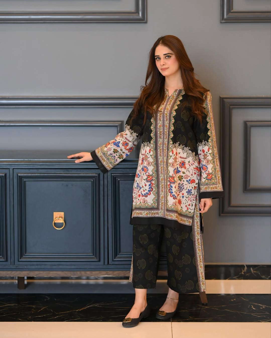 "Elegant  Printed Lawn Kurti for Women with Intricate Floral Patterns, Straight Long Shirt Design, and Comfortable Fabric – Perfect for Casual, Office, and Everyday Wear