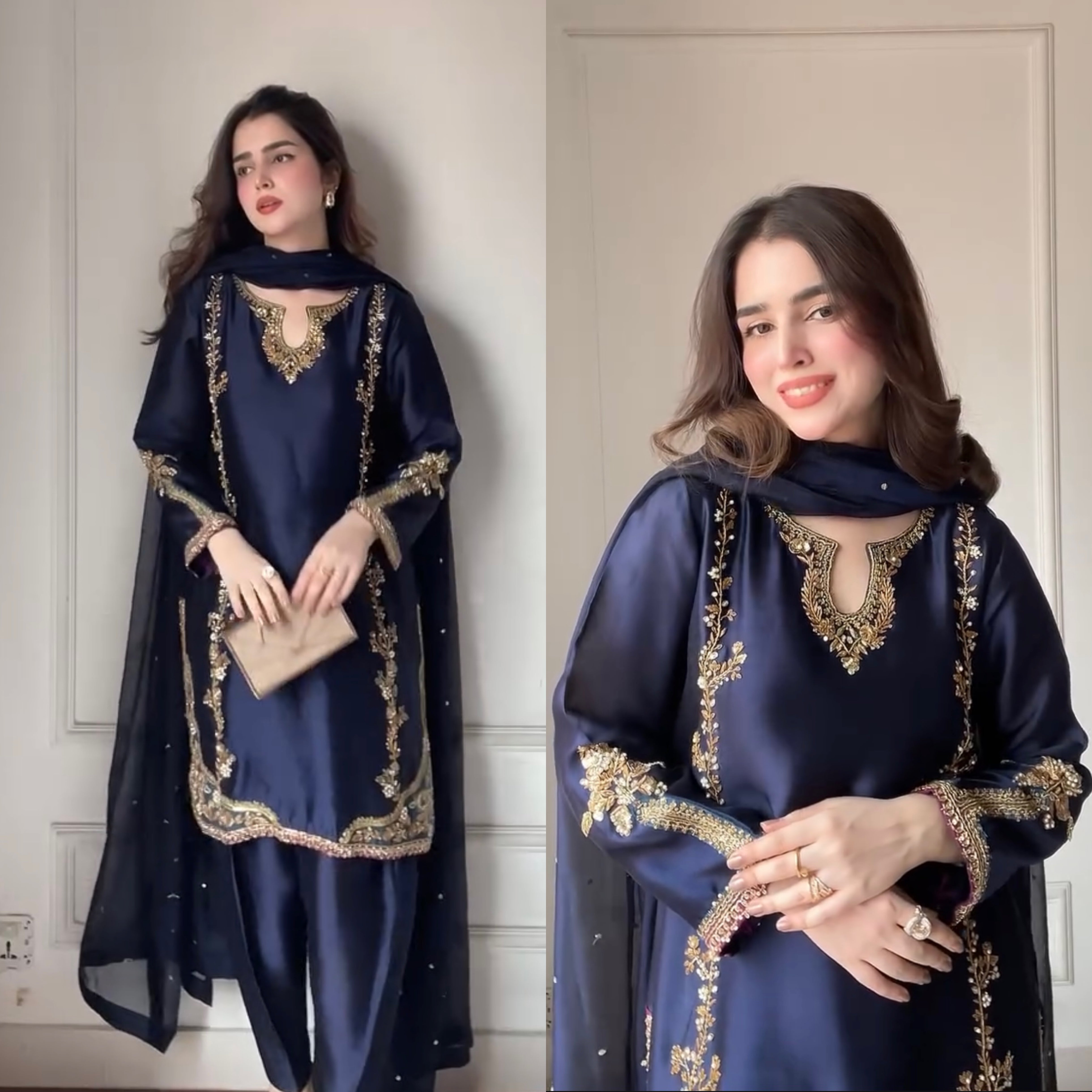 Midnight Majesty – Deep Navy Silk Ensemble with Handcrafted Antique Gold Embroidery and Sheer Dupatta Accents