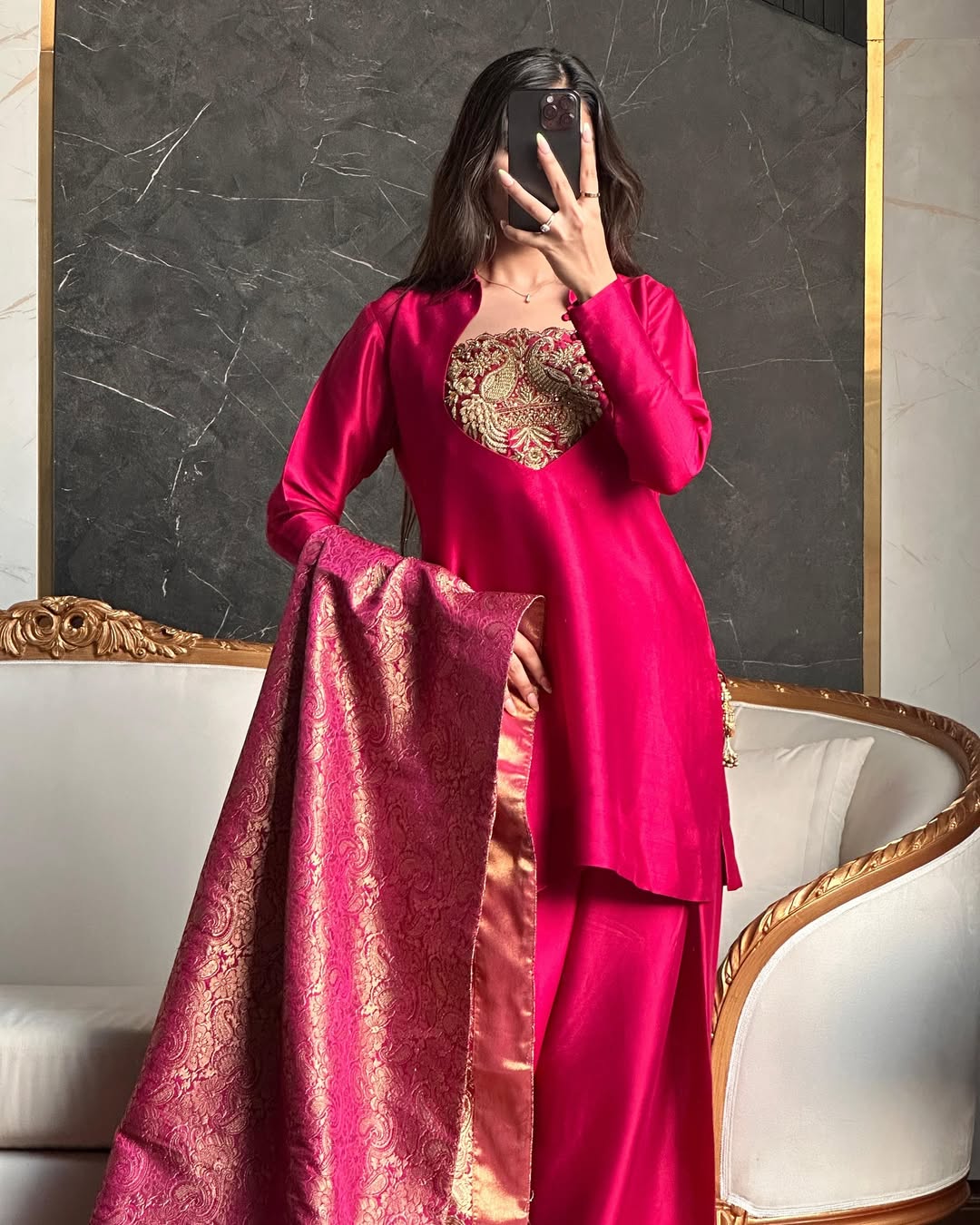 Crimson Royale – Handcrafted Pure Silk Ensemble with Antique Gold Zari Embroidery and Brocade Dupatta
