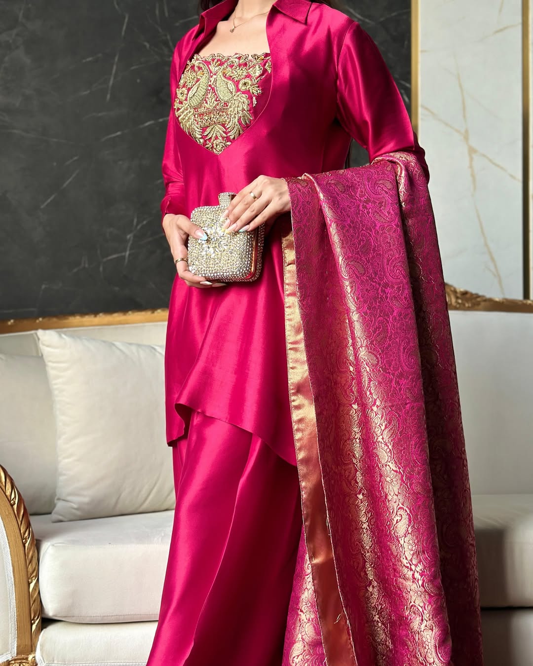 Crimson Royale – Handcrafted Pure Silk Ensemble with Antique Gold Zari Embroidery and Brocade Dupatta