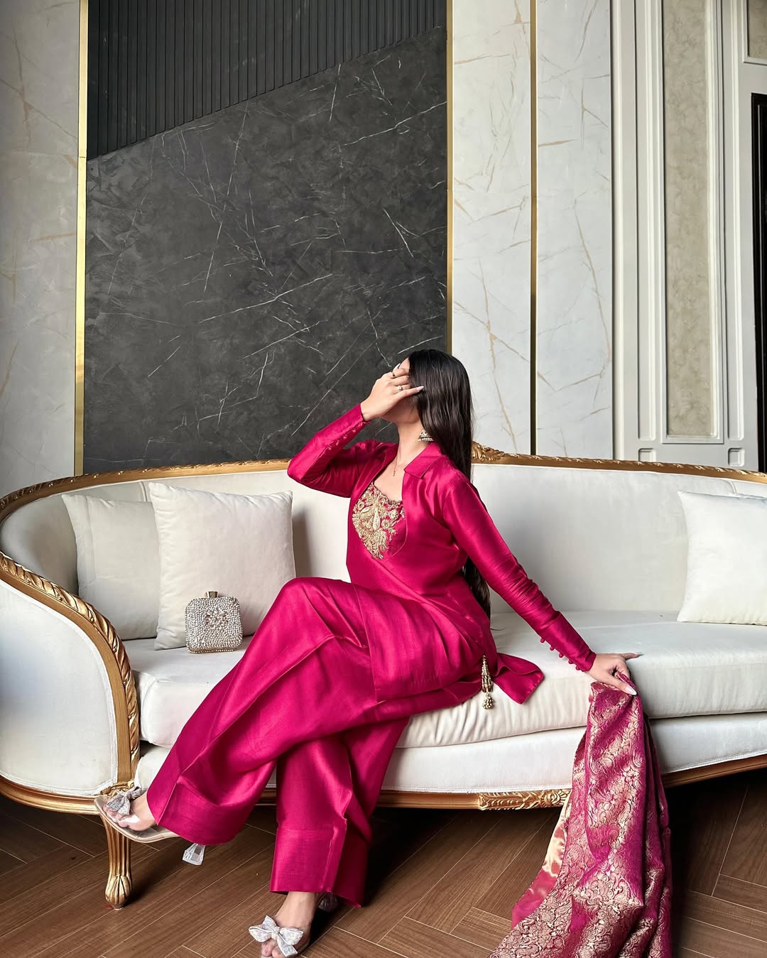 Crimson Royale – Handcrafted Pure Silk Ensemble with Antique Gold Zari Embroidery and Brocade Dupatta