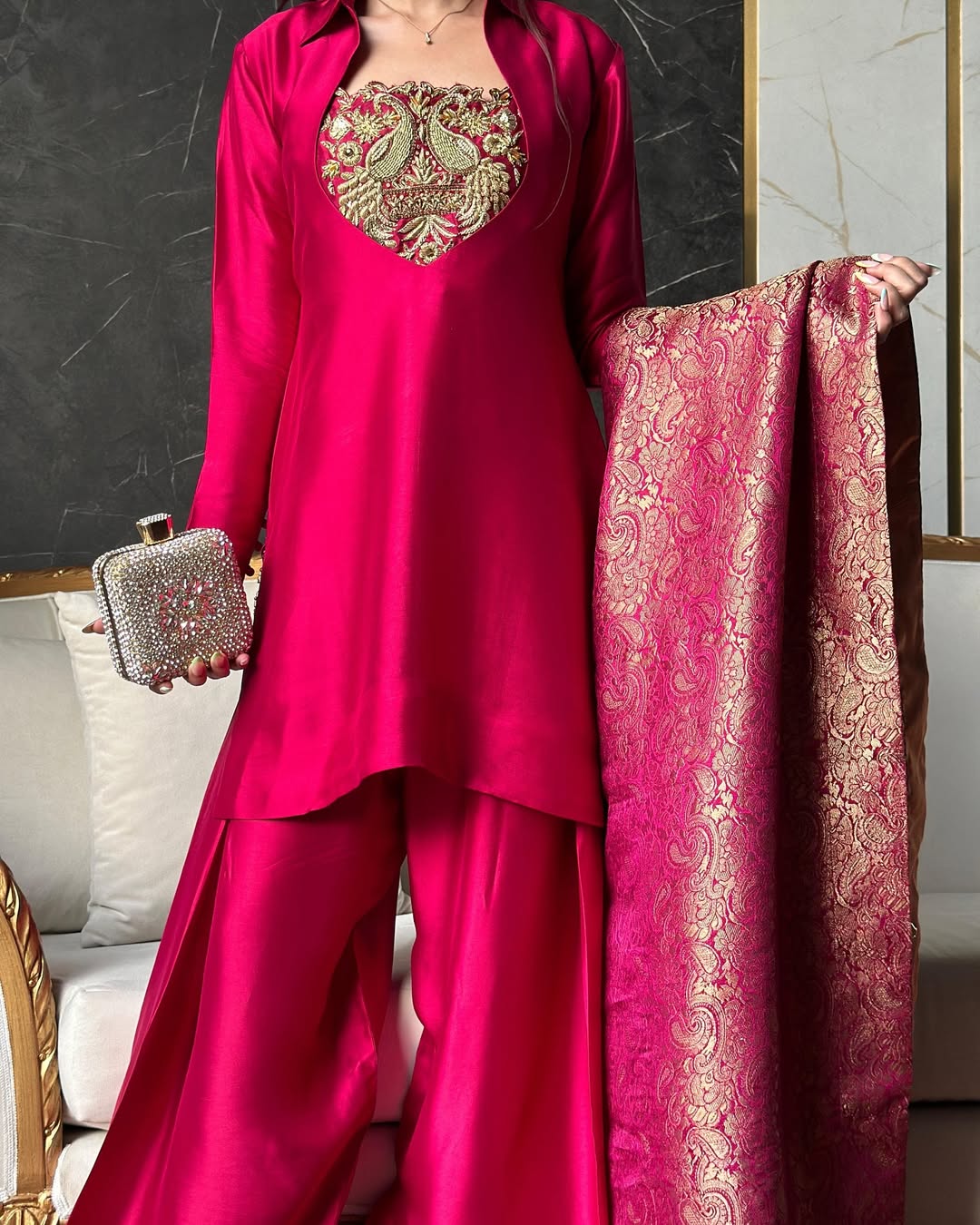 Crimson Royale – Handcrafted Pure Silk Ensemble with Antique Gold Zari Embroidery and Brocade Dupatta