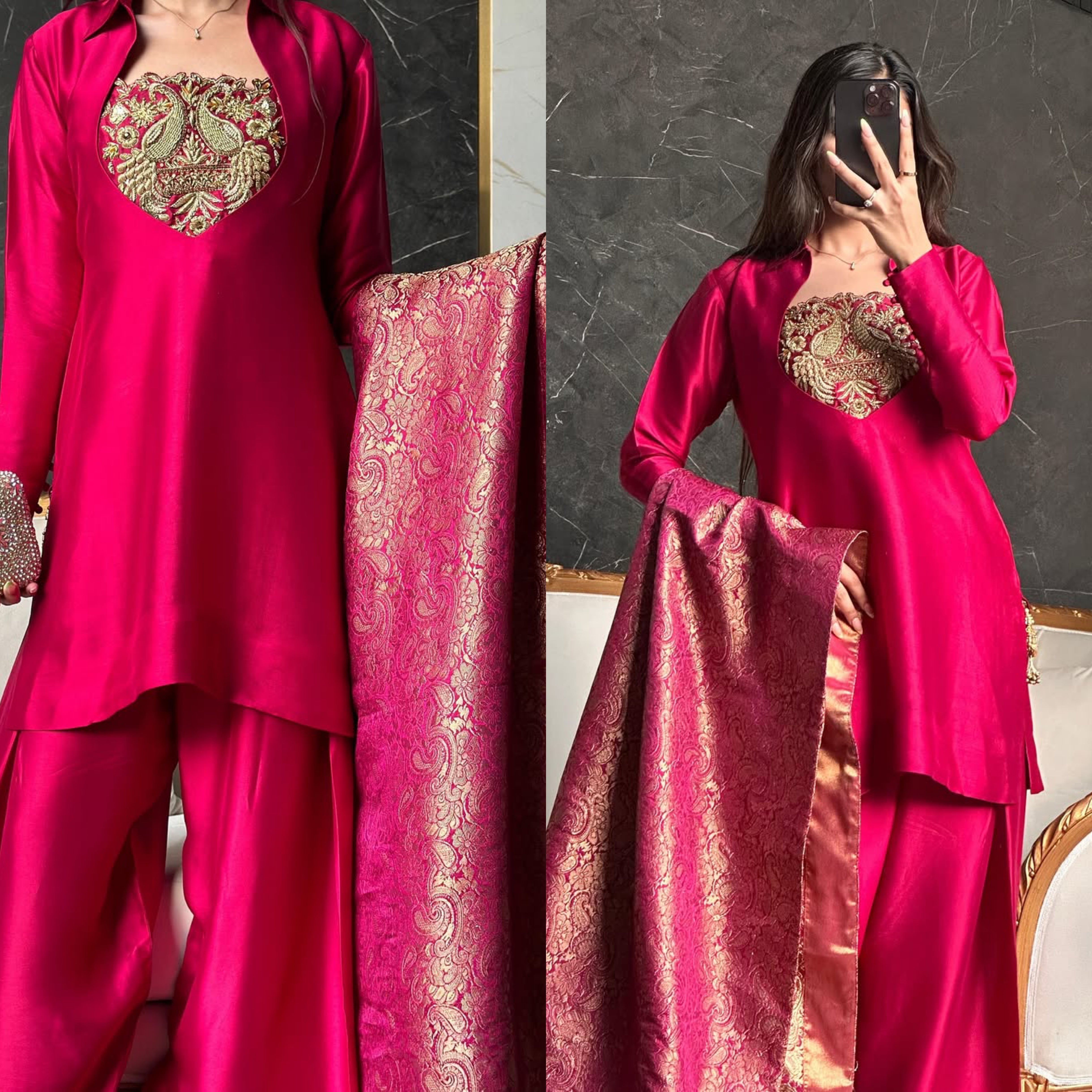 Crimson Royale – Handcrafted Pure Silk Ensemble with Antique Gold Zari Embroidery and Brocade Dupatta